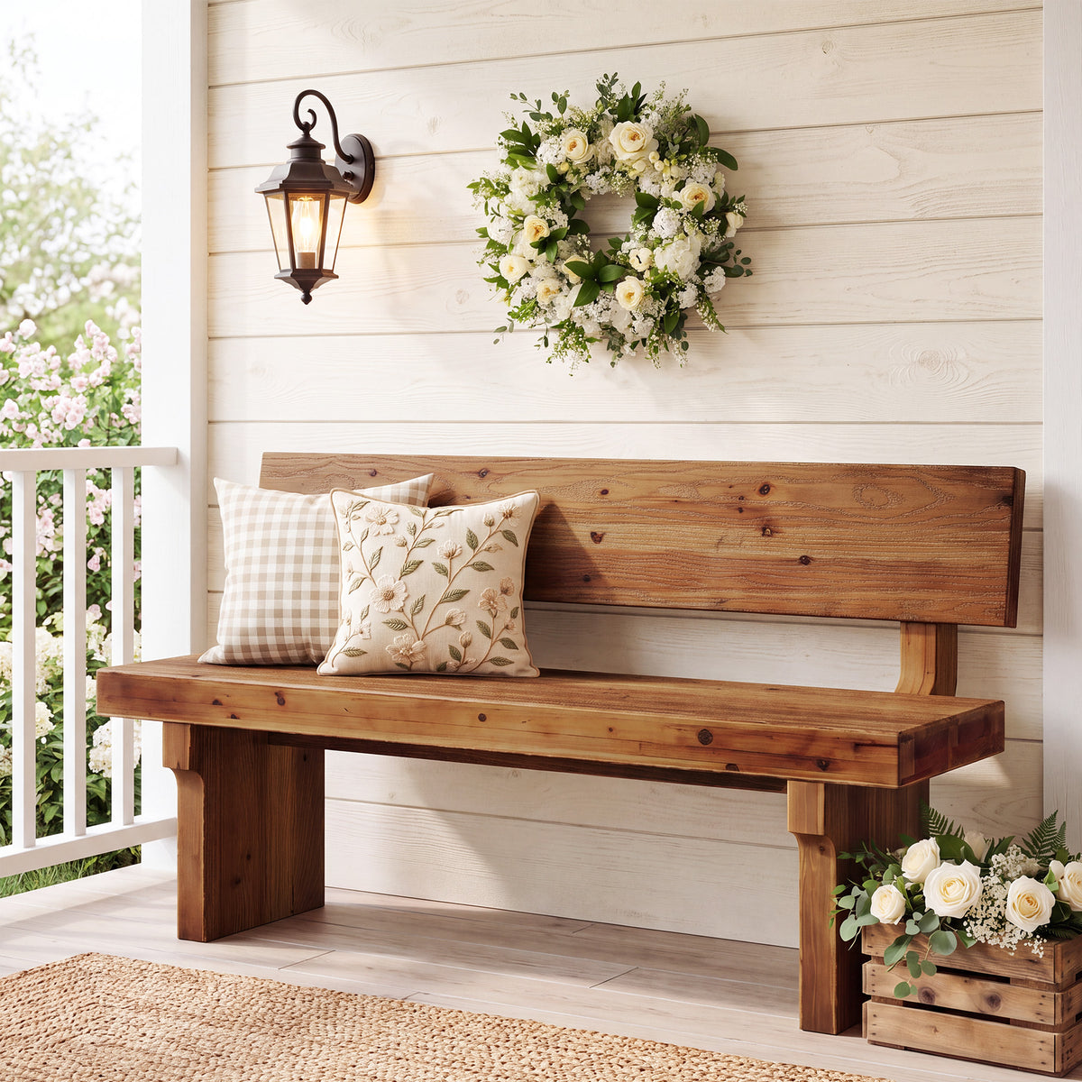 55" Solid Wood Dining Bench with Backrest, Kitchen Bench for Breakfast Nook