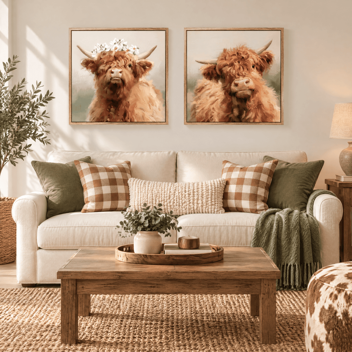 2-Piece 24x24" Highland Cow Wall Art, Farmhouse Framed Canvas Prints