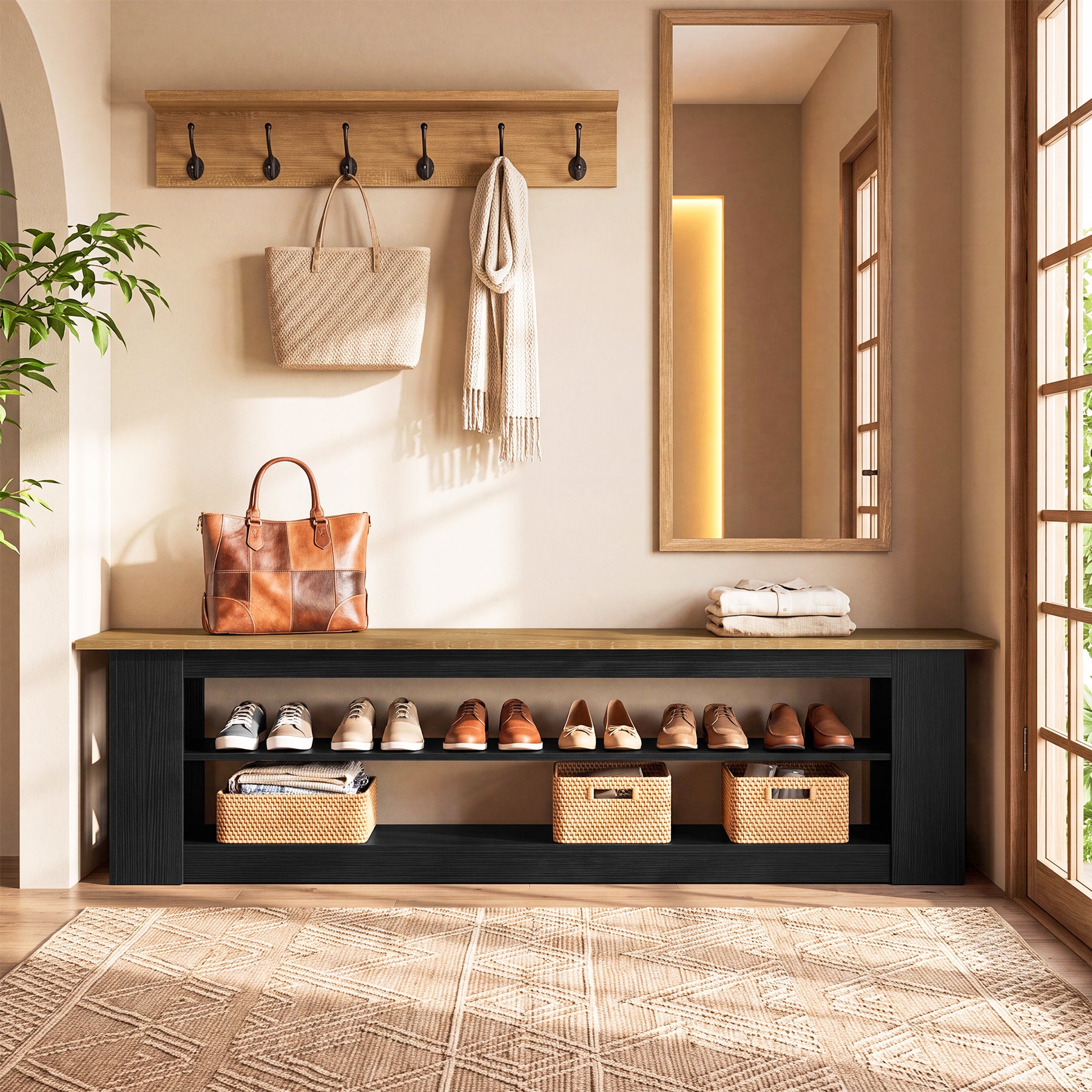 70.87" Entryway Bench with Shoe Storage, Indoor Seating for Hallway, End of Bed