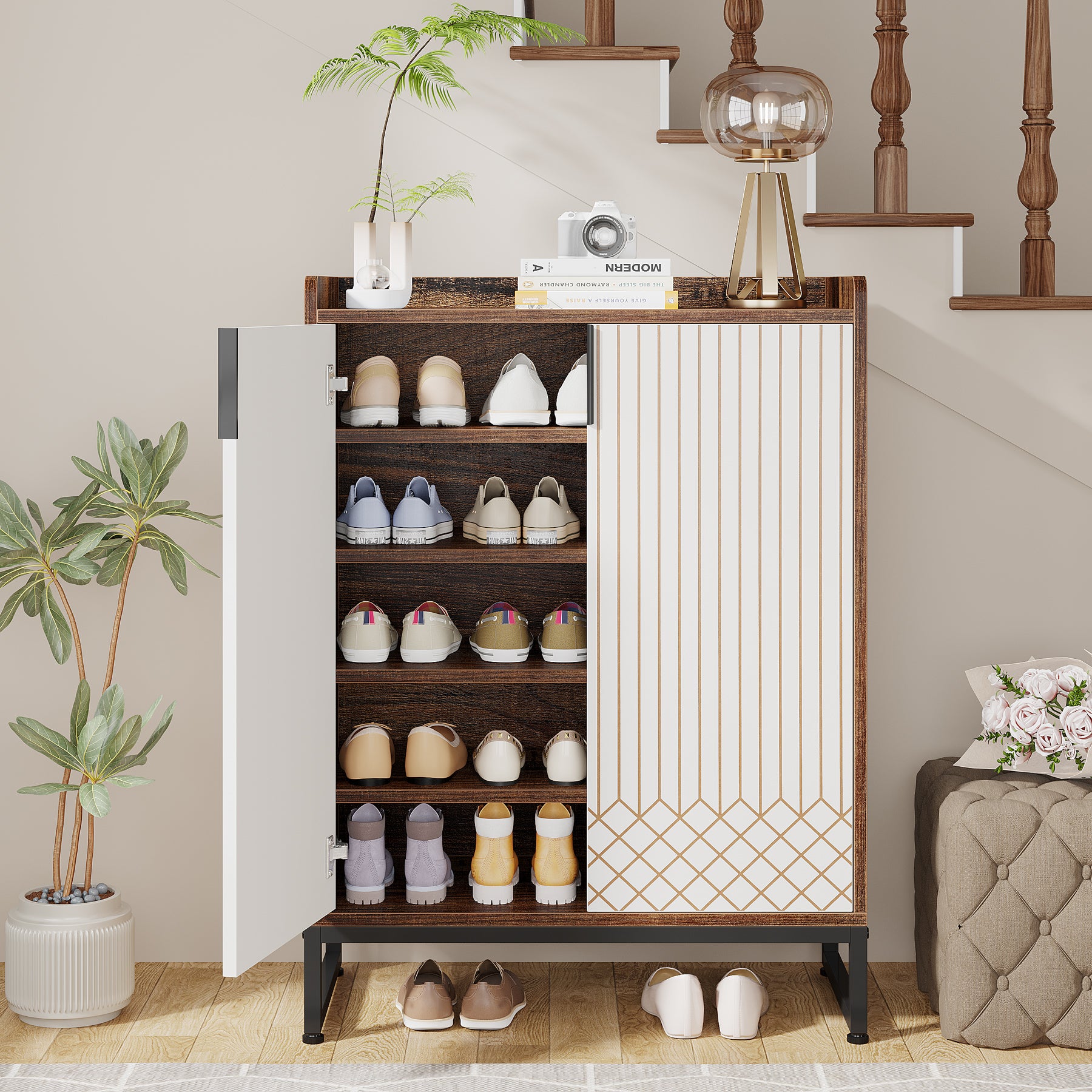 5-Tier Shoe Cabinet with Doors, Freestanding Wood Shoe Organizer for Entryway