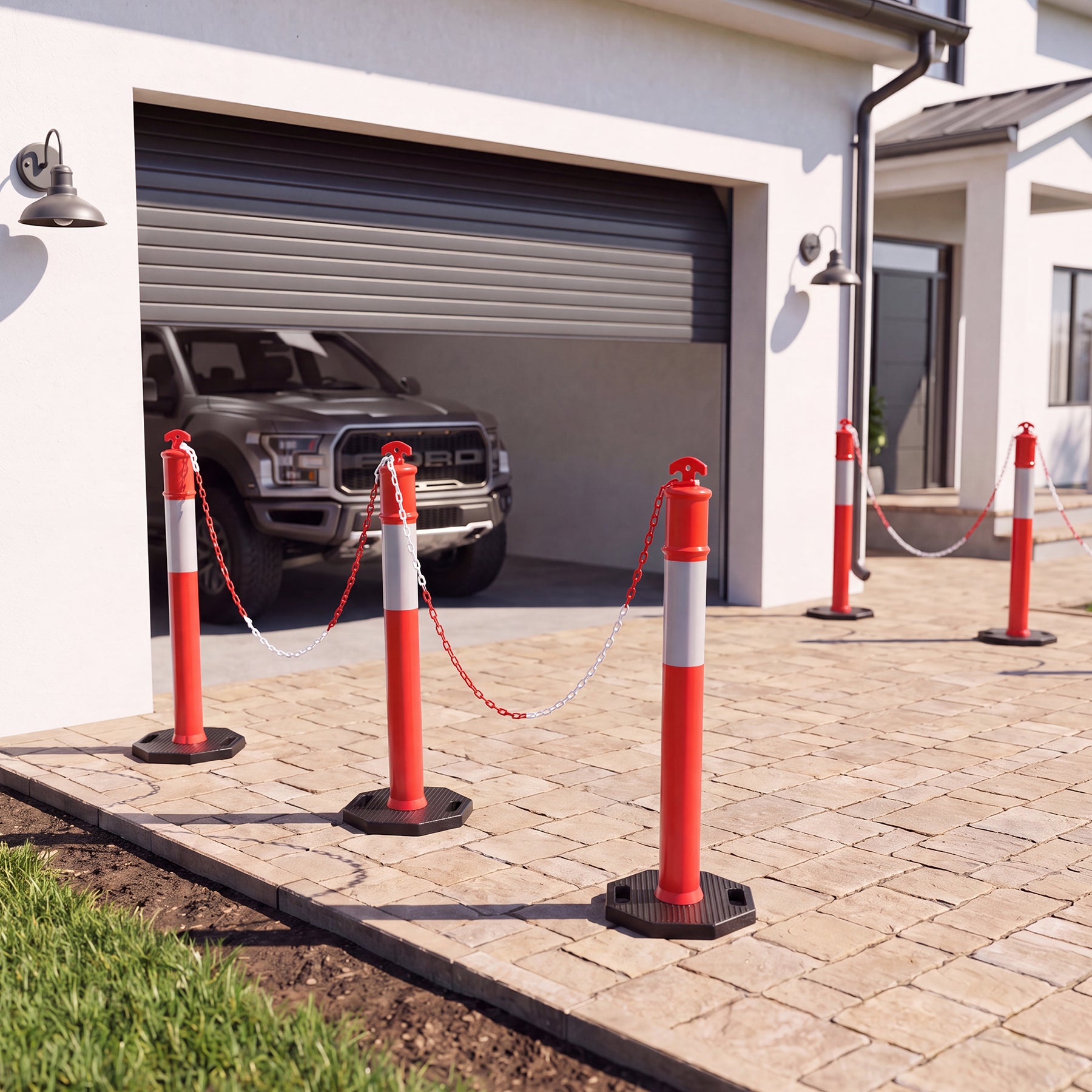 45" Reflective & Glow-in-the-Dark Traffic Delineator Posts with Heavy Rubber Base & Connecting Chains