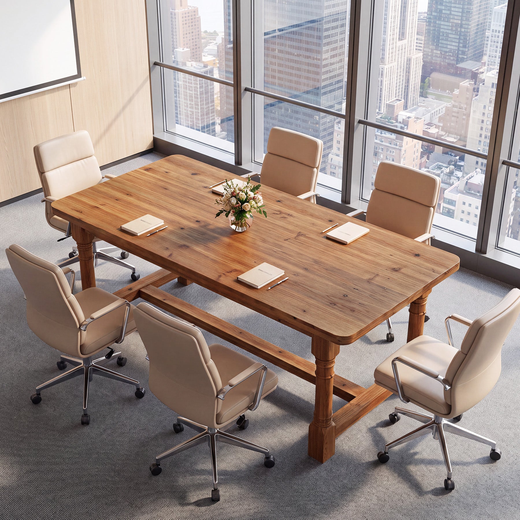 Solid Wood Executive Desk, 63" Rectangular Computer Desk with Trestle Base for Home Office