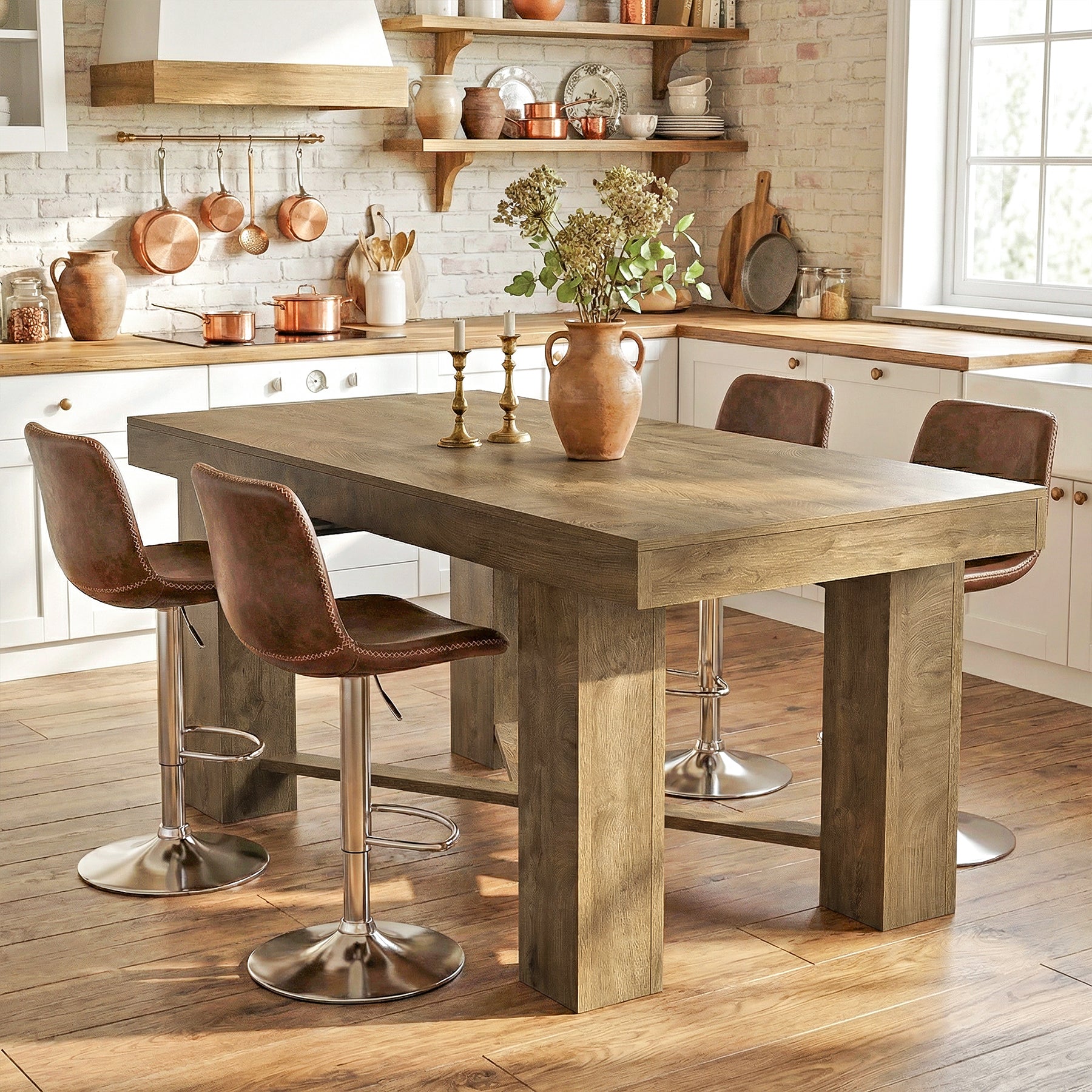 55 Inch Kitchen Island Table Counter Height, Farmhouse Prep Table with Thick Wood Top