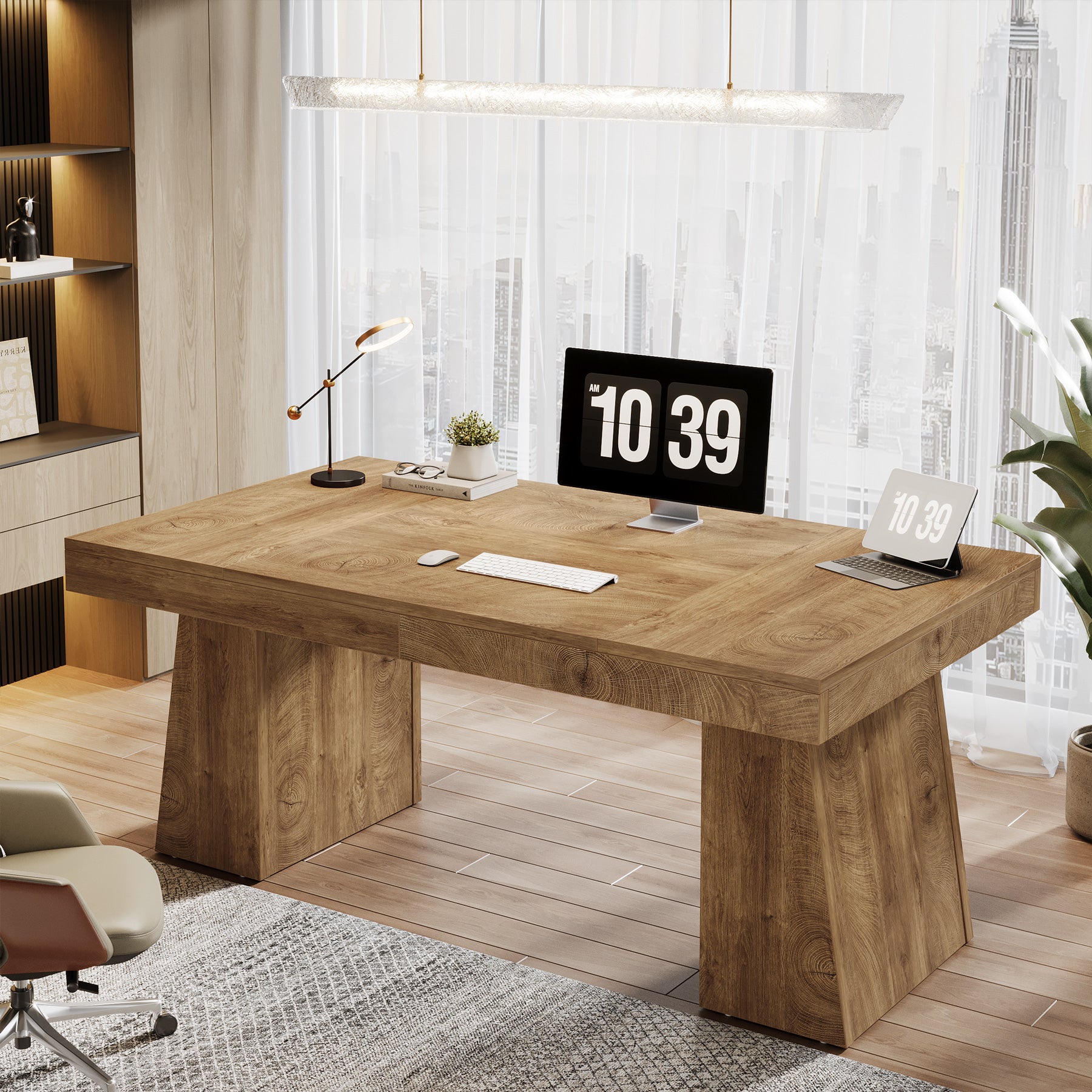 55" Executive Office Desk with Double Trapezoid Base, Modern Wooden Computer Desk for Home Office