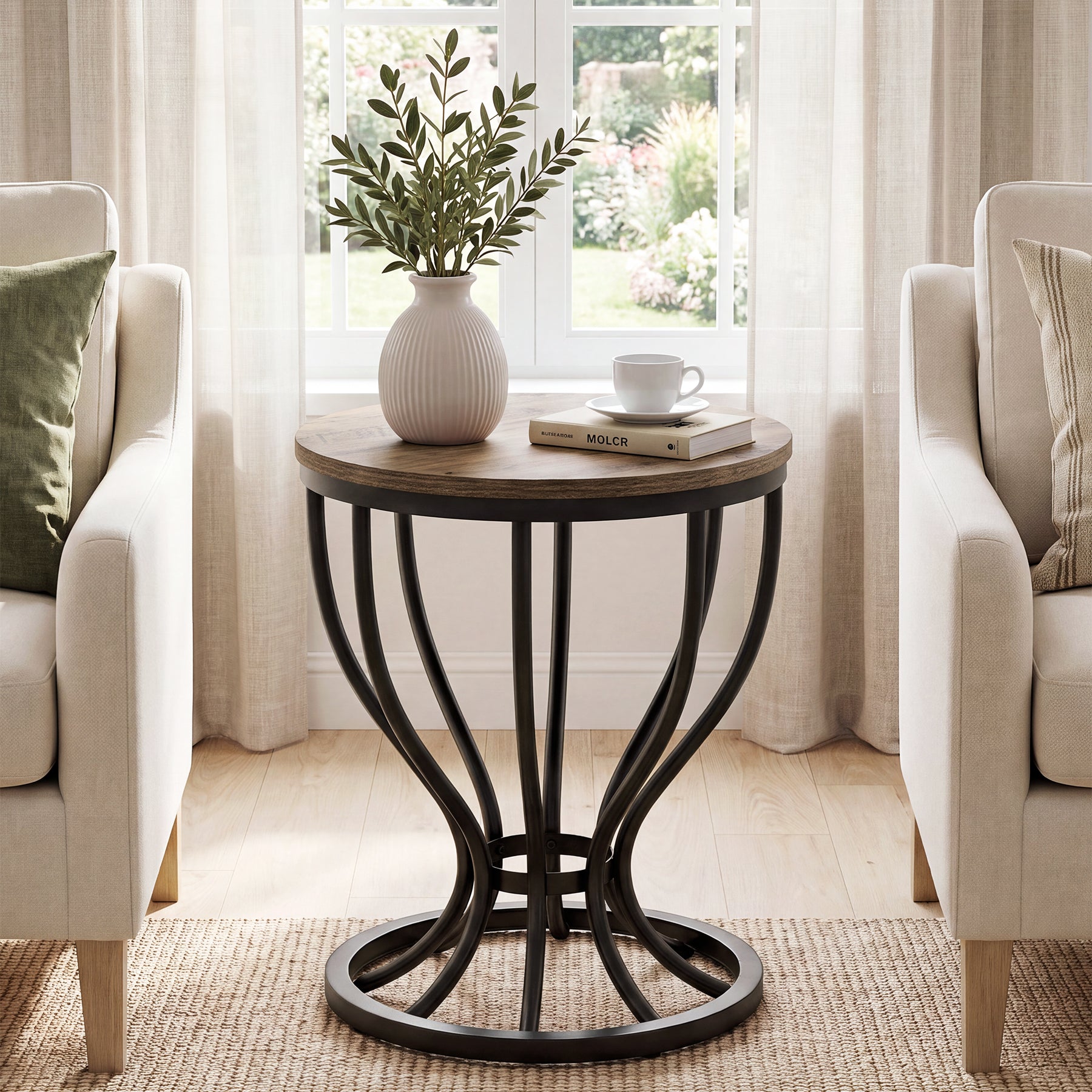 19.6" Round Side Table, Industrial End Table with Curved Metal Frame for Living Room