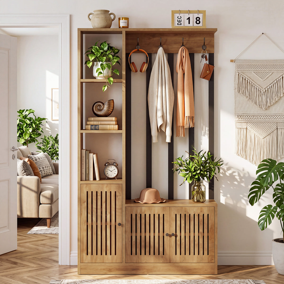 71" Mudroom Hall Tree with Shoe Storage Bench, Coat Hooks & Closed Cabinets