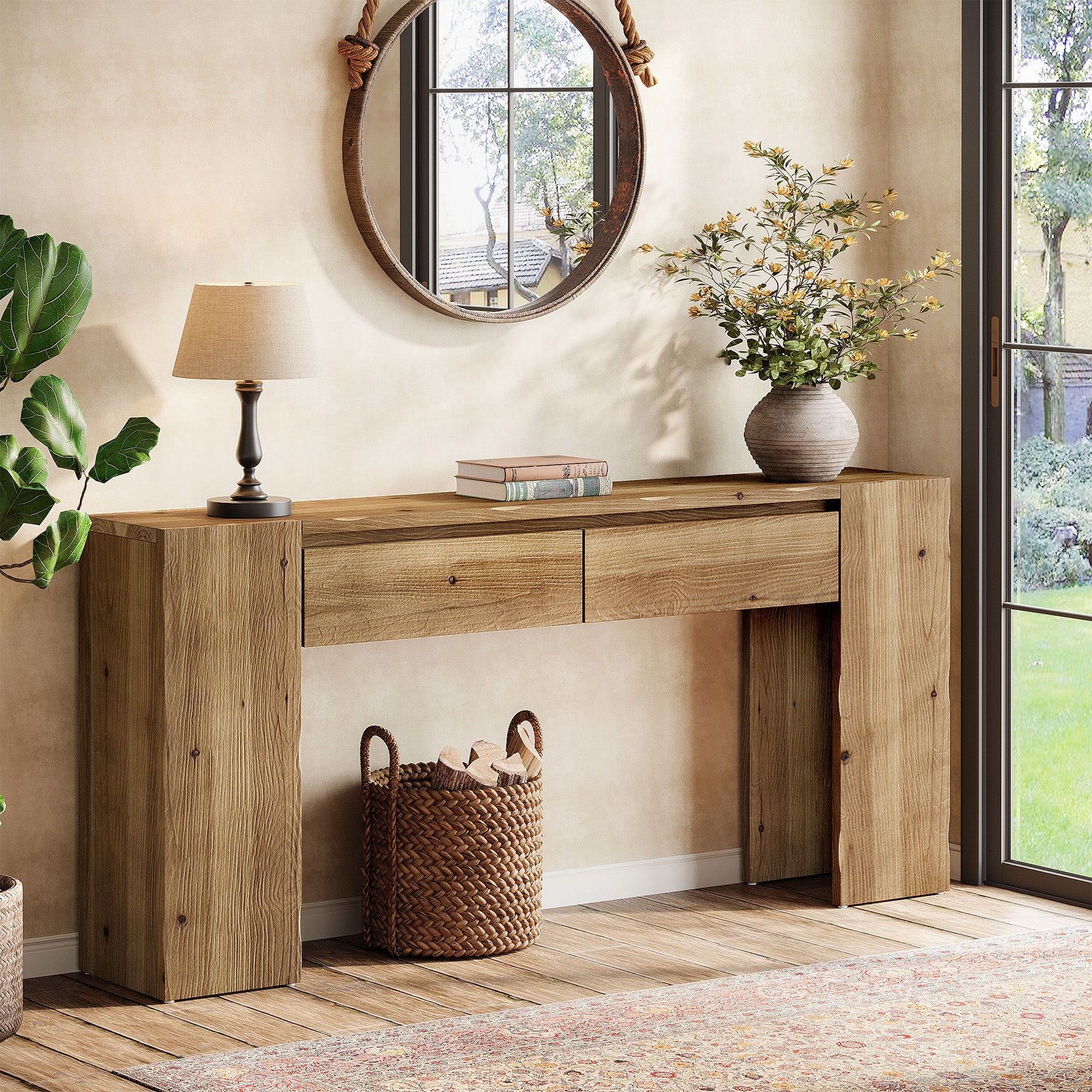 63" Solid Wood Console Table with Drawers, Narrow Entryway Sofa Table for Hallway & Living Room