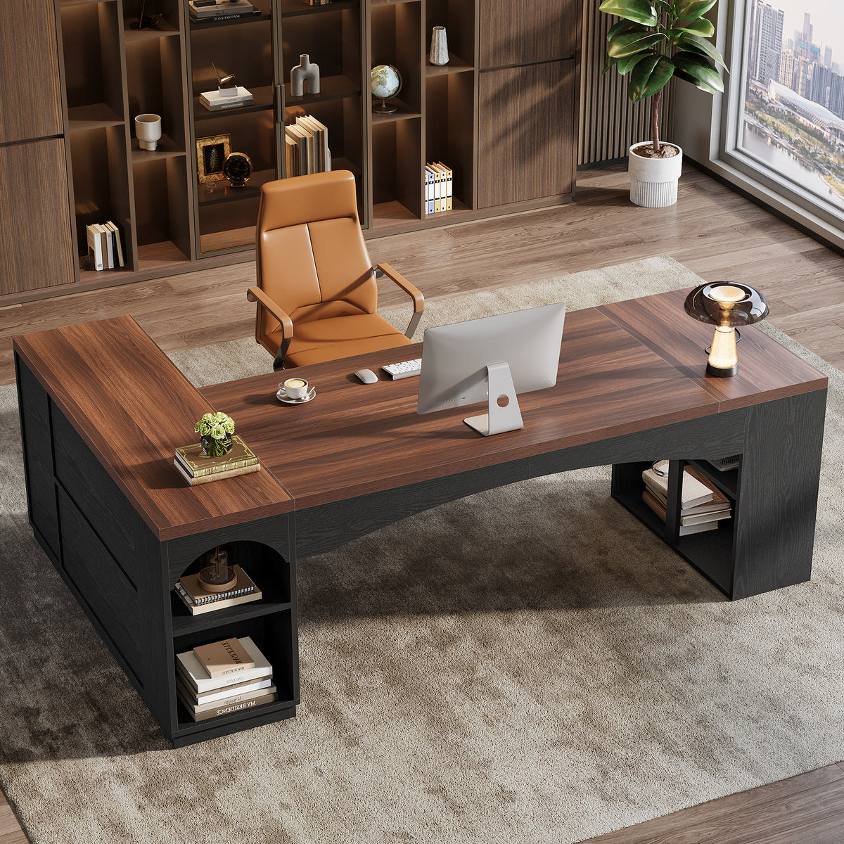 87" L-Shaped Executive Desk, 3 Drawers & Storage Cabinet, Modern Home Office Desk