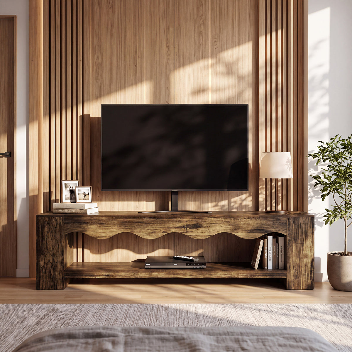 79" TV Stand for TVs Up to 85", Rustic Curved TV Console, Mid-Century Modern