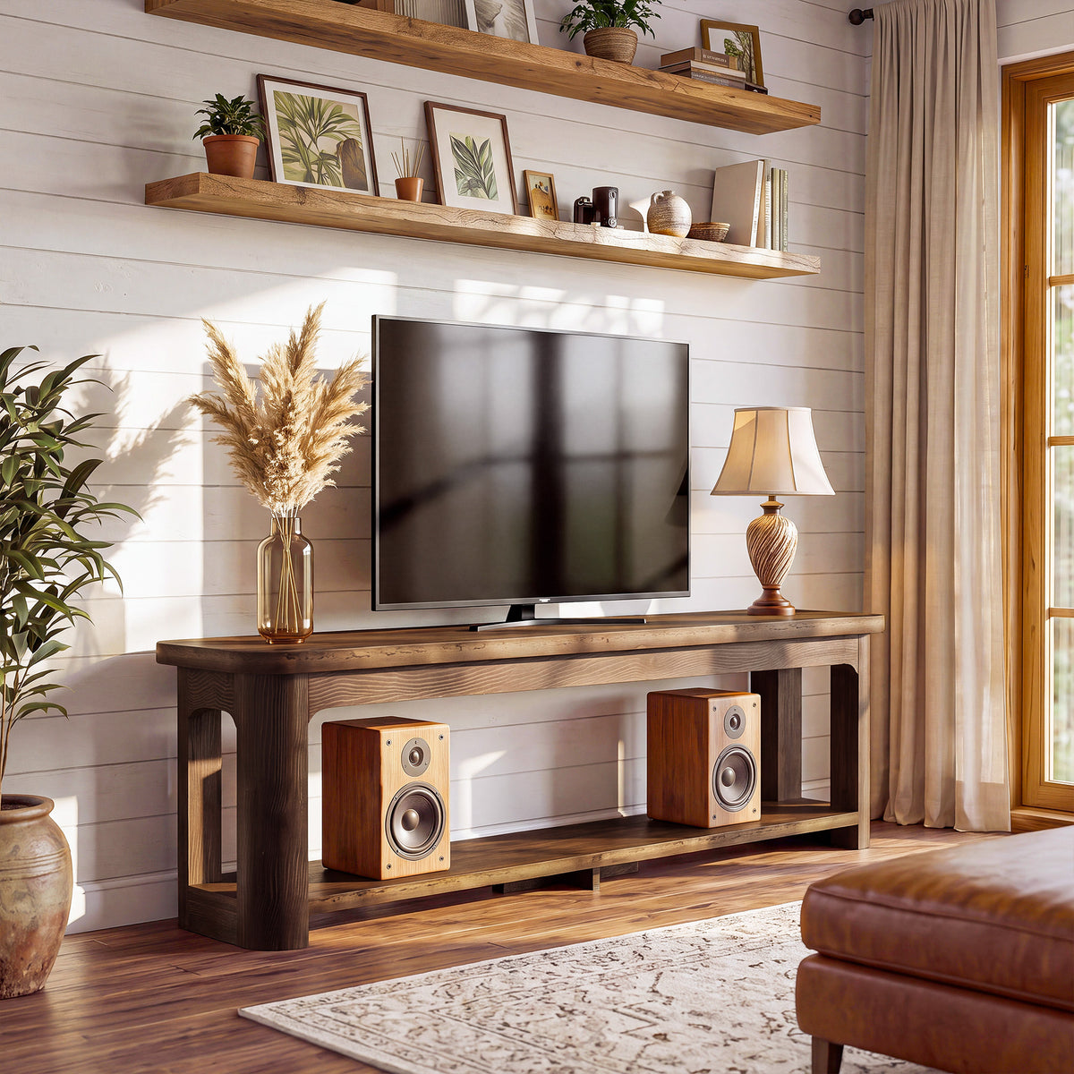 71 Inch Solid Wood TV Stand with Open Storage Shelf, Farmhouse Media Console for Living Room