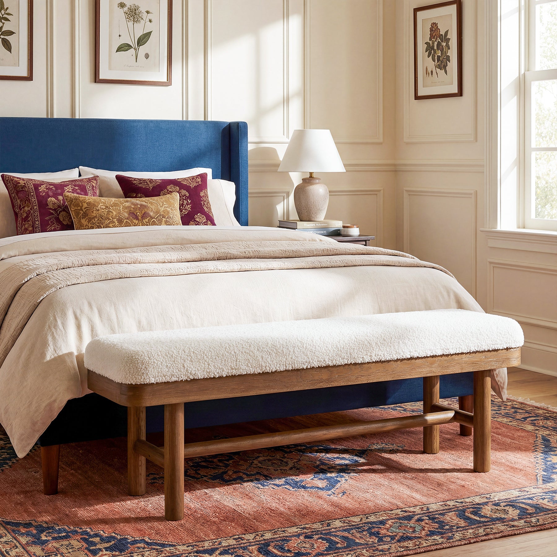 55" Upholstered Bedroom Bench, End of Bed Bench with Solid Wood Frame & Cushion