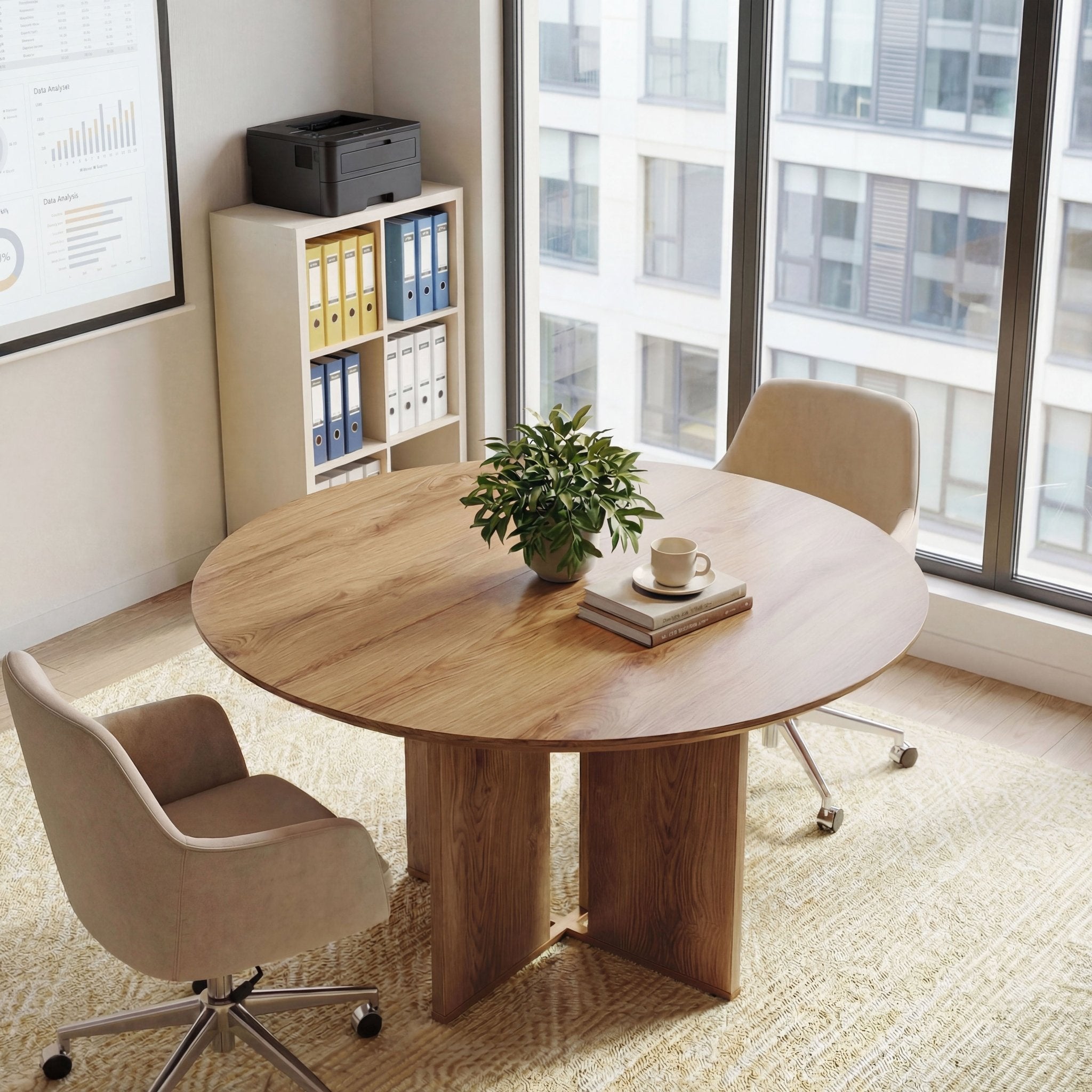 39.37" Conference Table for 4, Round Office Table with Lower Storage Shelf