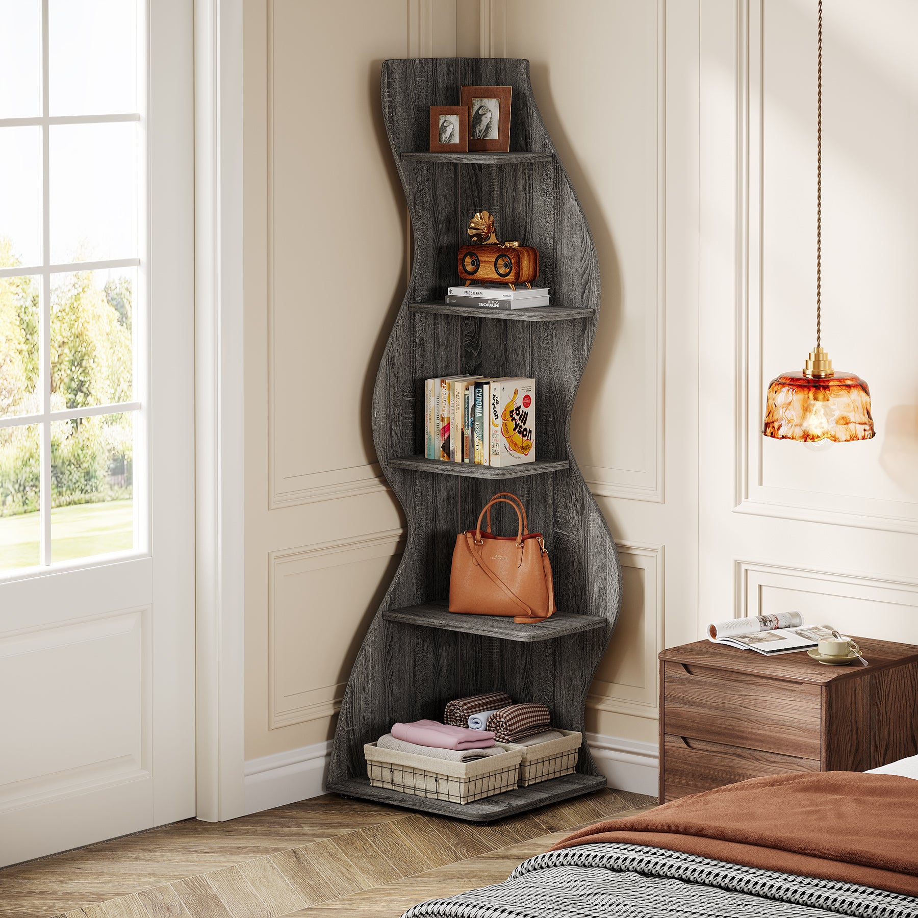 5-Tier Corner Bookcase, Rustic Freestanding Corner Shelf for Small Spaces