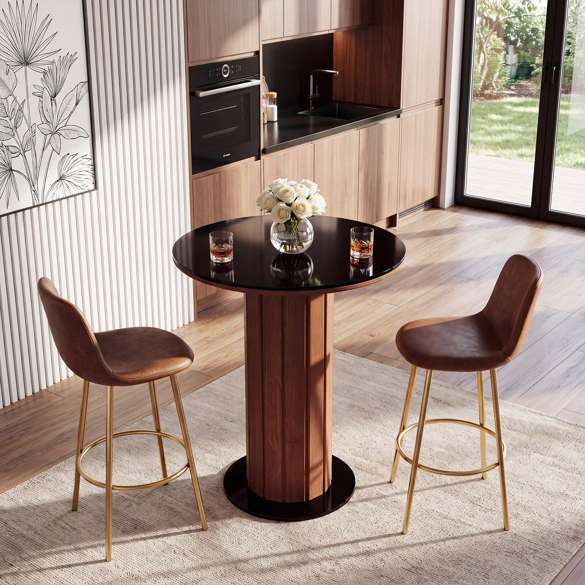 37.8" H Round Bar Table with Tempered Glass Top, Modern Pub Table with Fluted Pedestal Base