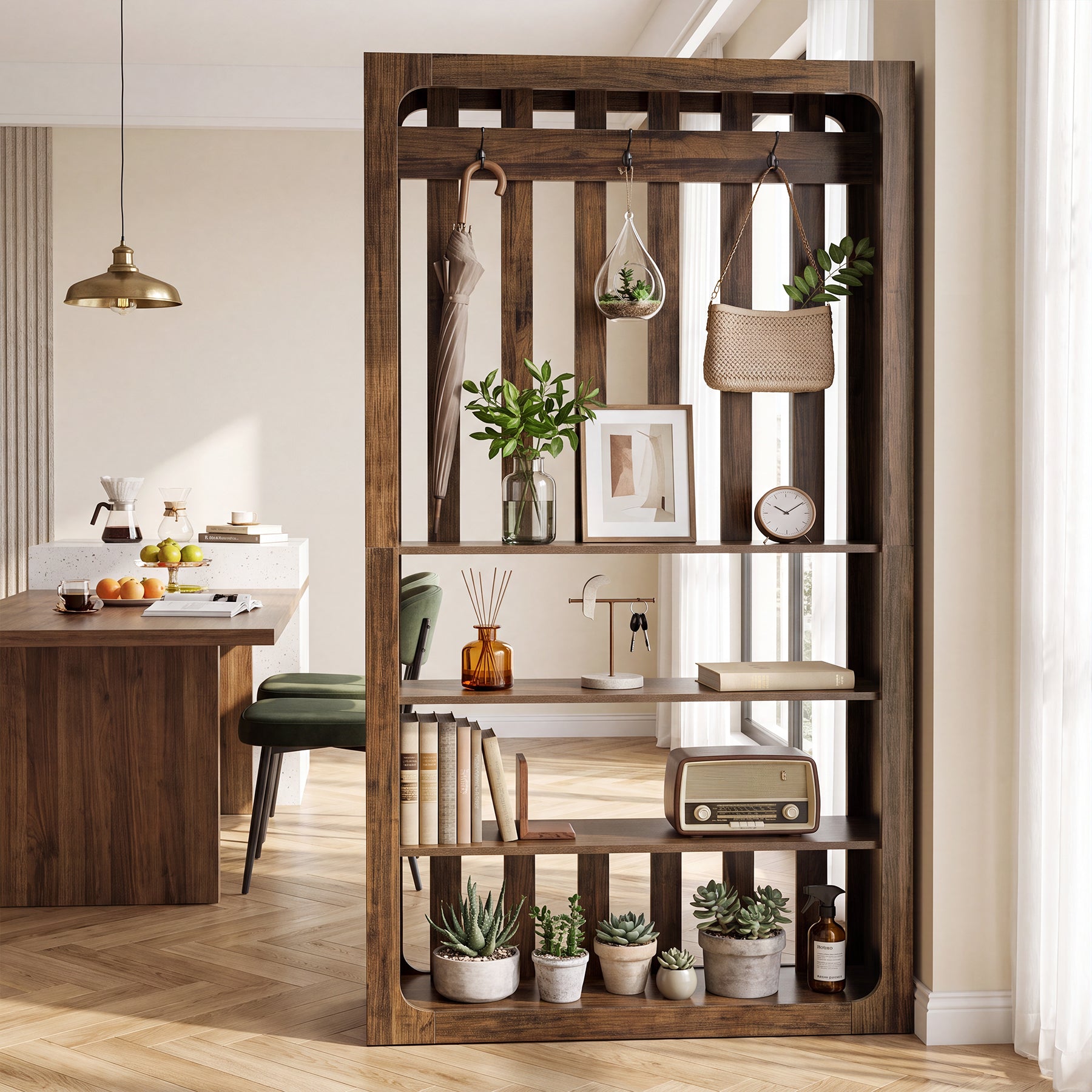 70.9" Room Divider Bookcase with Shelves & Coat Hooks, Freestanding Wood Wall Partition for Home Office
