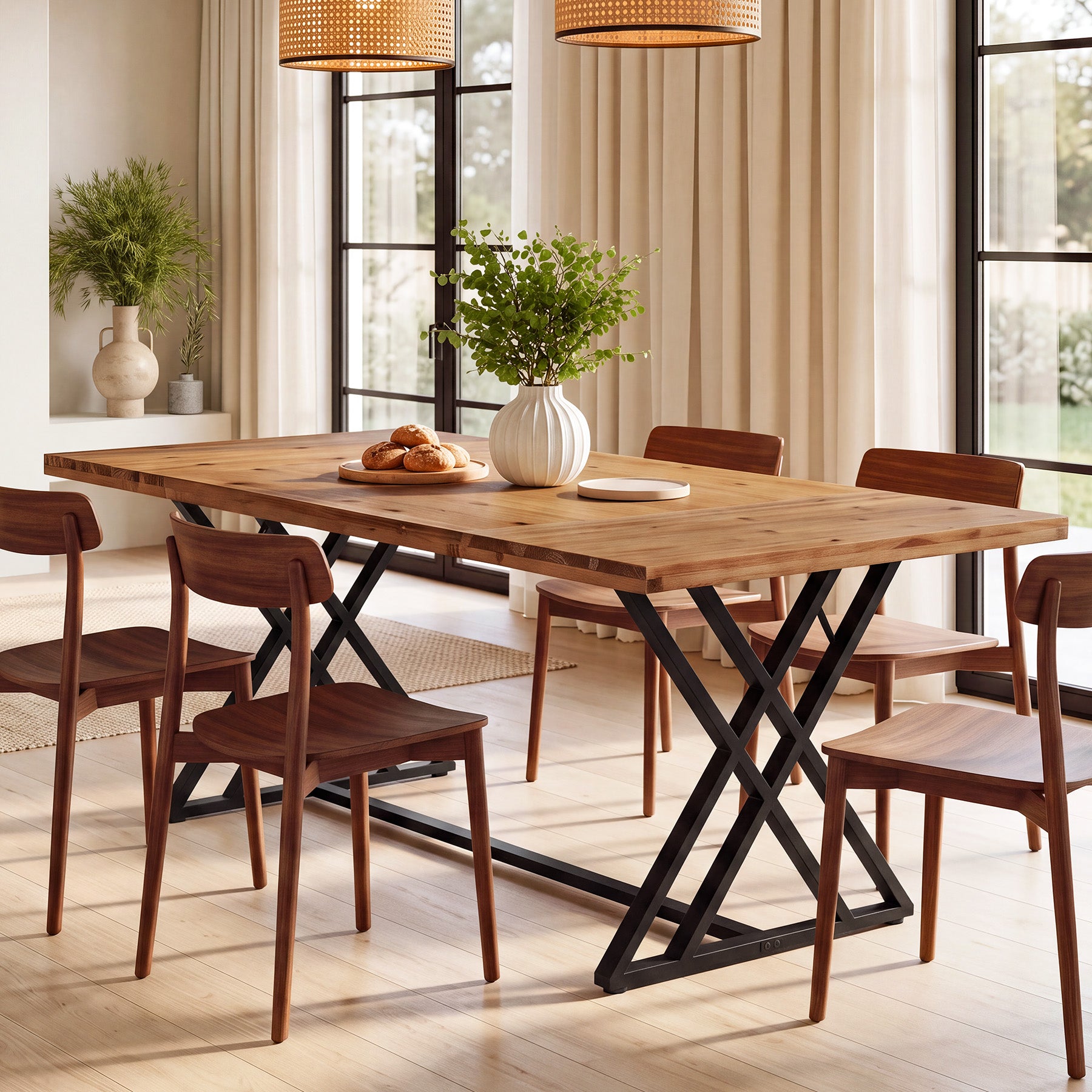 63" Solid Wood Dining Table, Rectangular Kitchen Table with X Shaped Metal Legs for 4-6