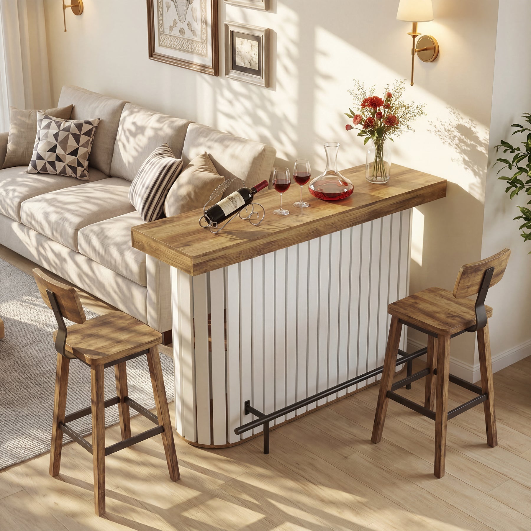 63" Counter Height Bar Table for 4-6, Modern Pub Table with 2-Tier Storage & Slatted Design