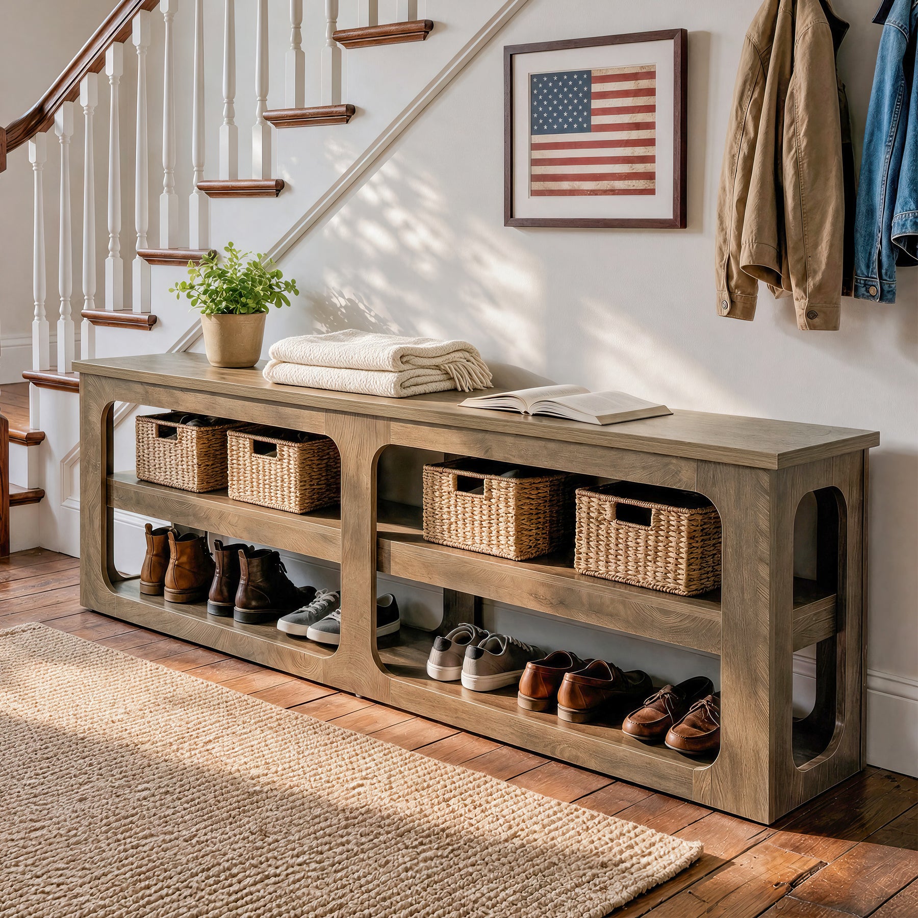 70.87” Entryway with 3-Tier Storage Shelves, Farmhouse Shoe Bench for Hallway