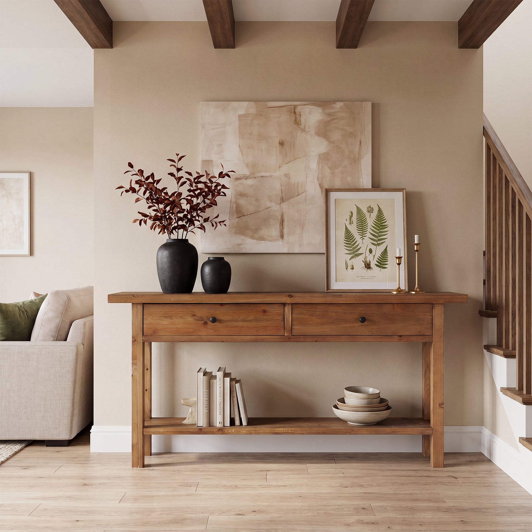 63" Solid Wood Console Table, Narrow Sofa Entryway Table with 2 Drawers and Shelf
