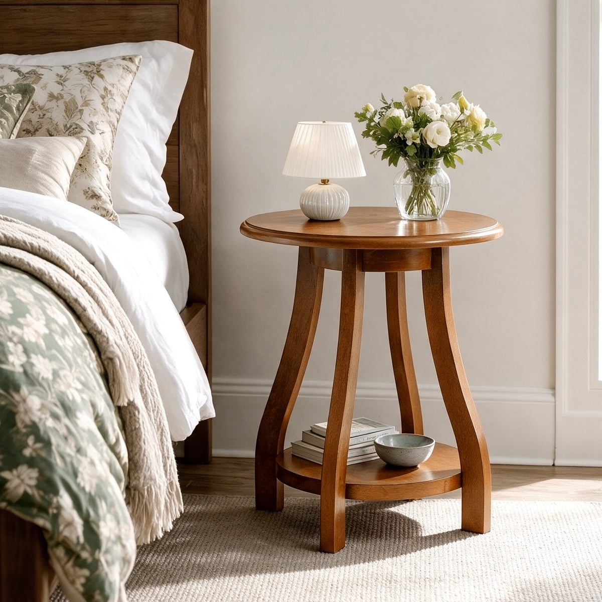Solid Wood Round End Table, 2-Tier Small Side Table with Curved Legs for Living Room