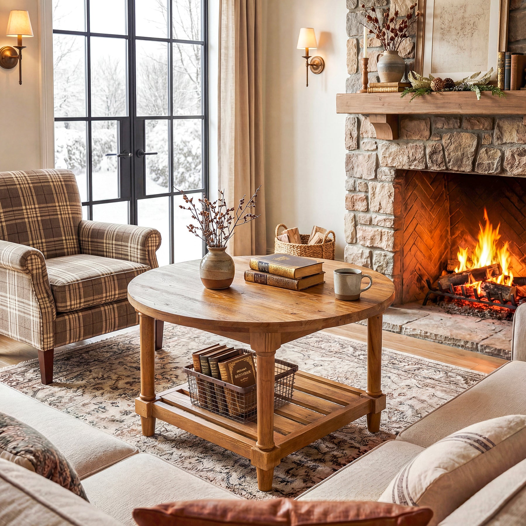 Solid Wood Round Coffee Table, 31.5" Center Table with 2-Tier Storage