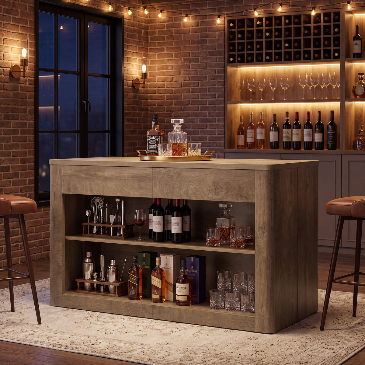 55" Bar Table with 2 Drawers, Farmhouse Pub Table with 3-Tier Open Shelves