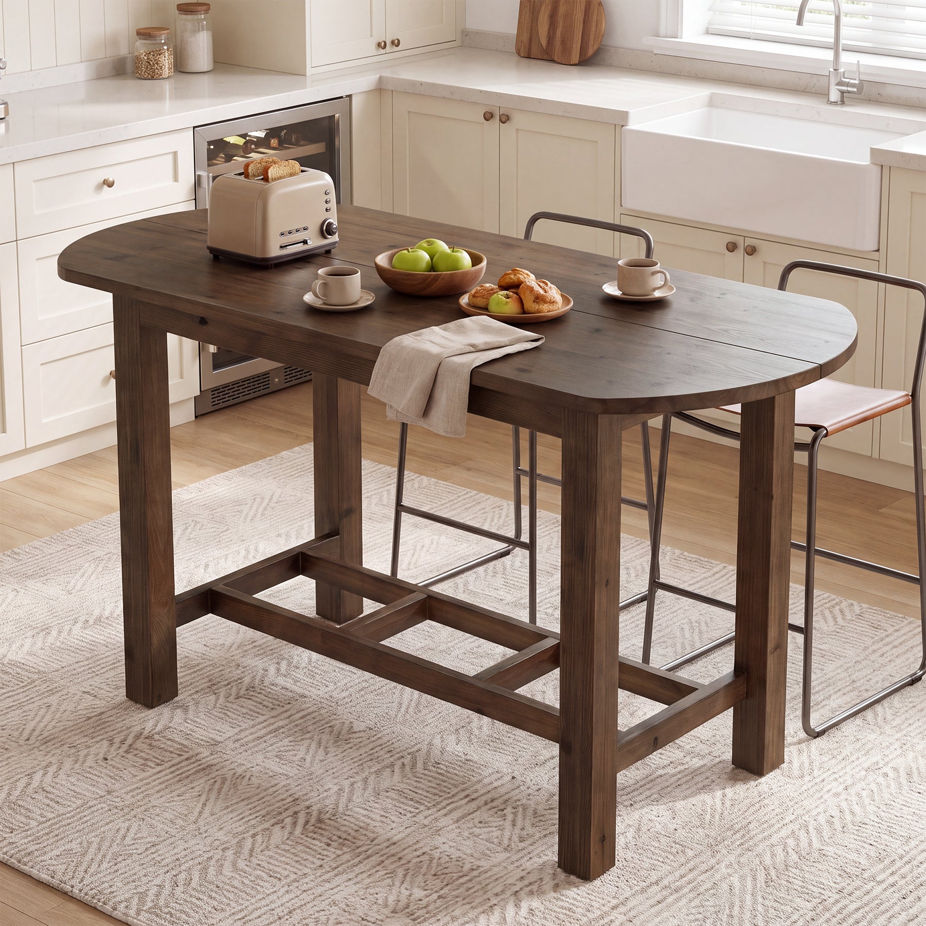 63" Solid Wood Kitchen Island, Farmhouse Stationary Island Table with Oval Tabletop