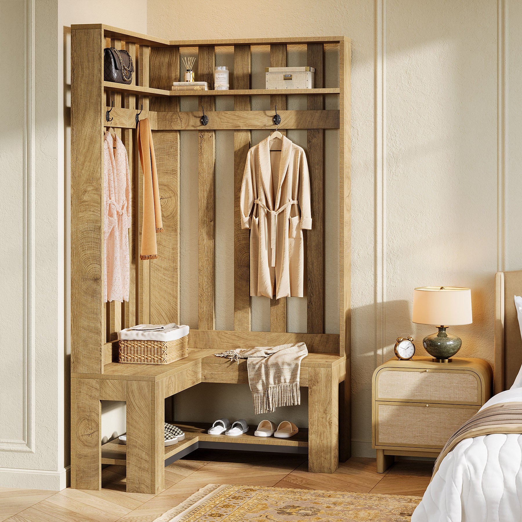 70.8" L-Shaped Coat Rack, Corner Hall Tree with 4 Hooks & Shoe Storage