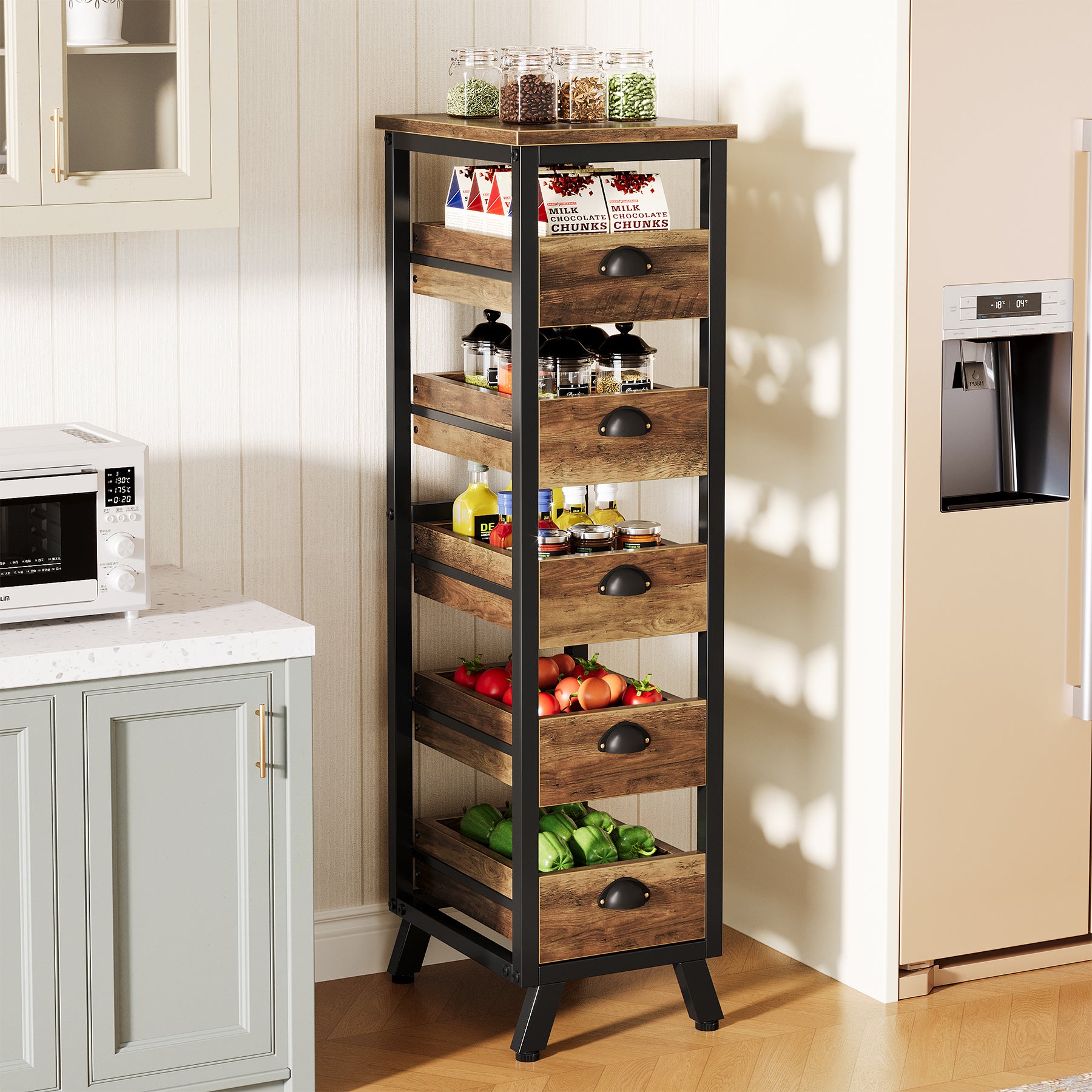 Wood Storage Rack, 5-Tier Fruit and Vegetable Basket Snack Stand