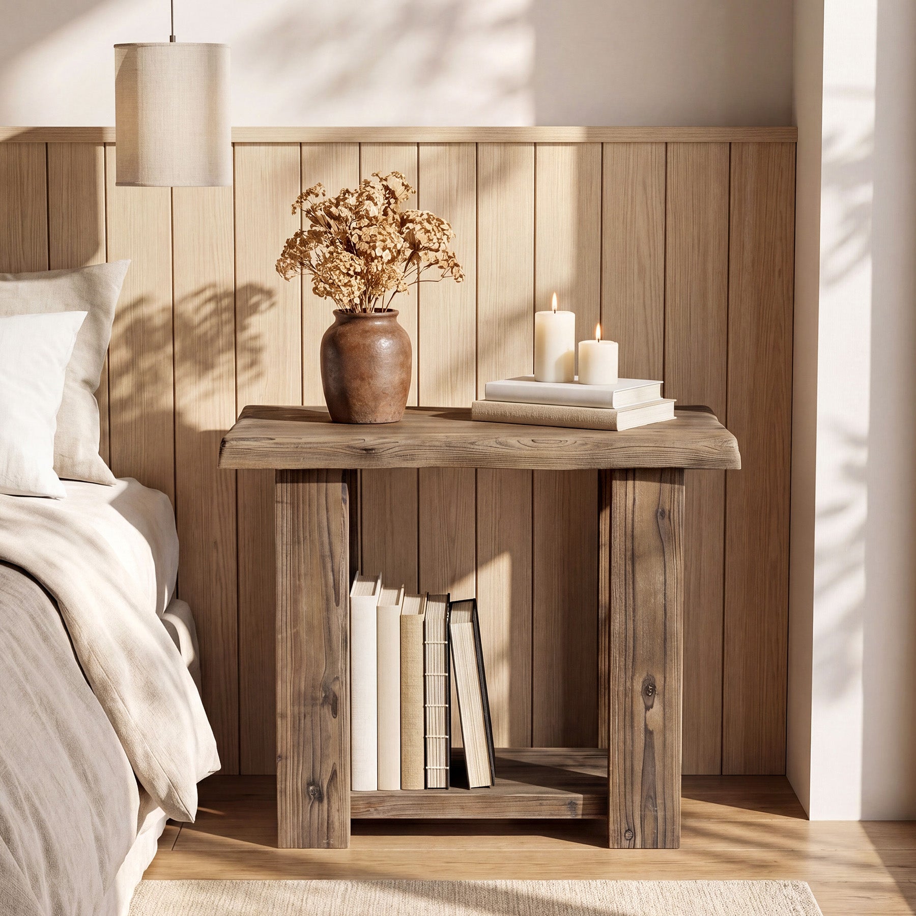 2-Tier Solid Wood End Table, Rectangle Side Table Nightstands for Living Room, Bedroom