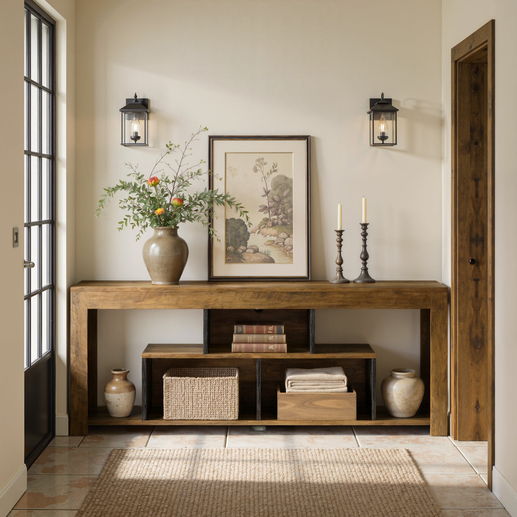 63-Inch Low Sofa Console Table with Storage Shelves, Rustic 3-Tier Entryway Table for Living Room