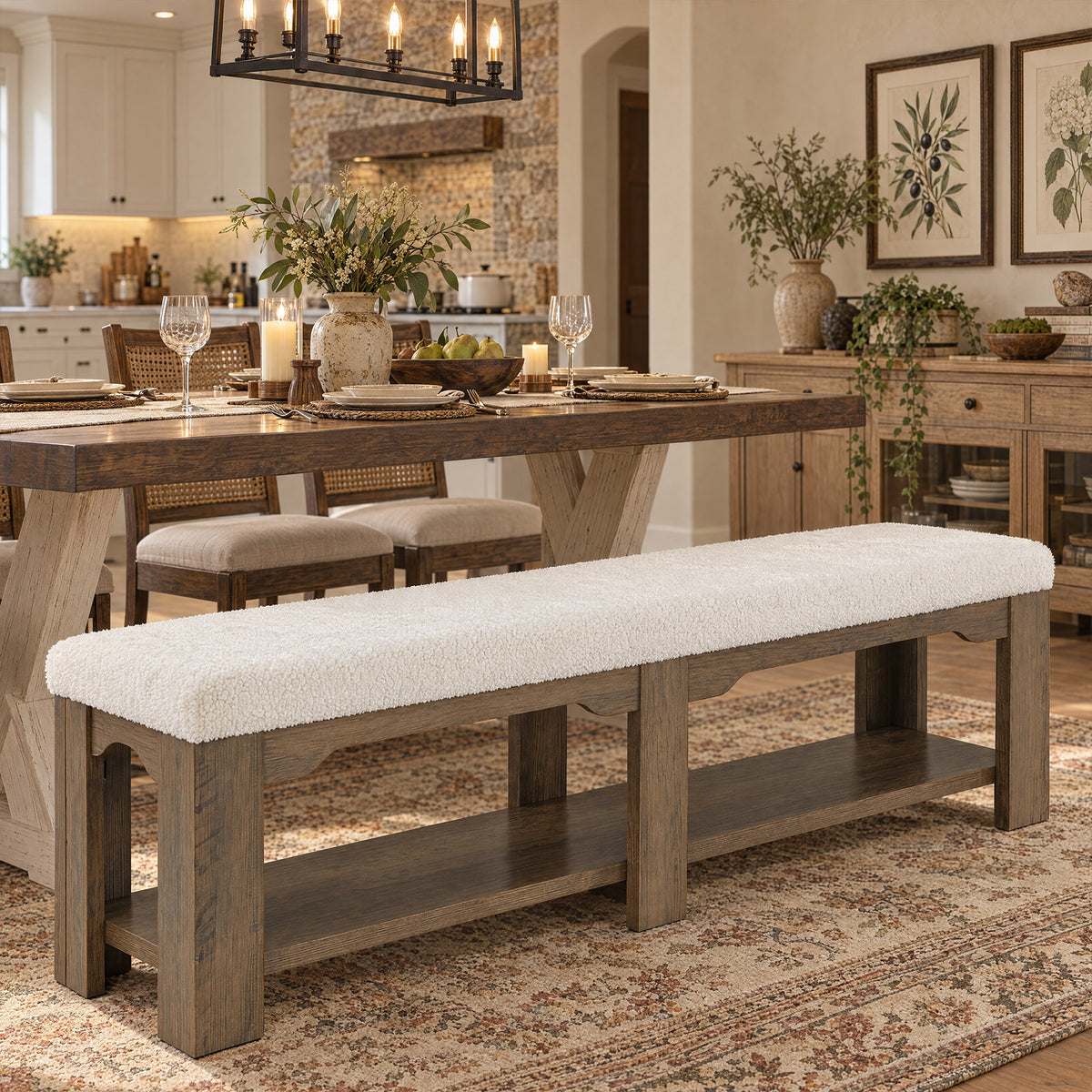 71" Wide Entryway Shoe Bench, Farmhouse Cushioned Seat & Lower Open Storage Shelf