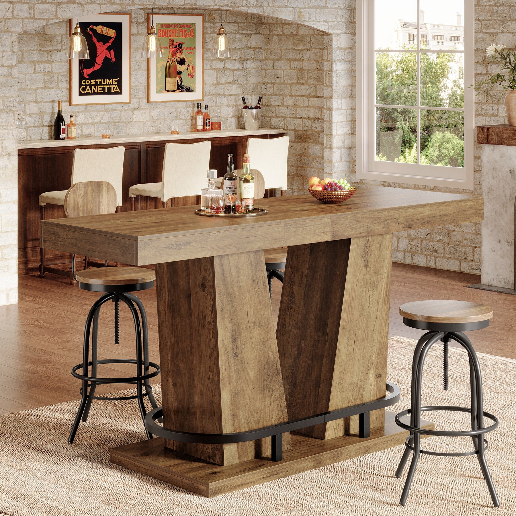 62.99" Bar Table for 4-6, Counter Height Pub Table with Metal Footrest - Thumbnail 4