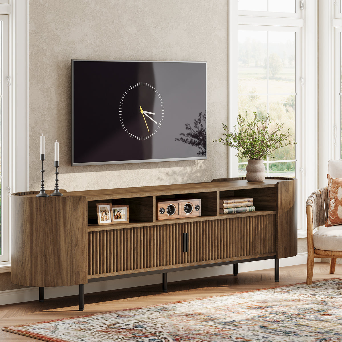71 Inch TV Stand with Fluted Sliding Doors and Storage, Mid Century Media Console for Living Room