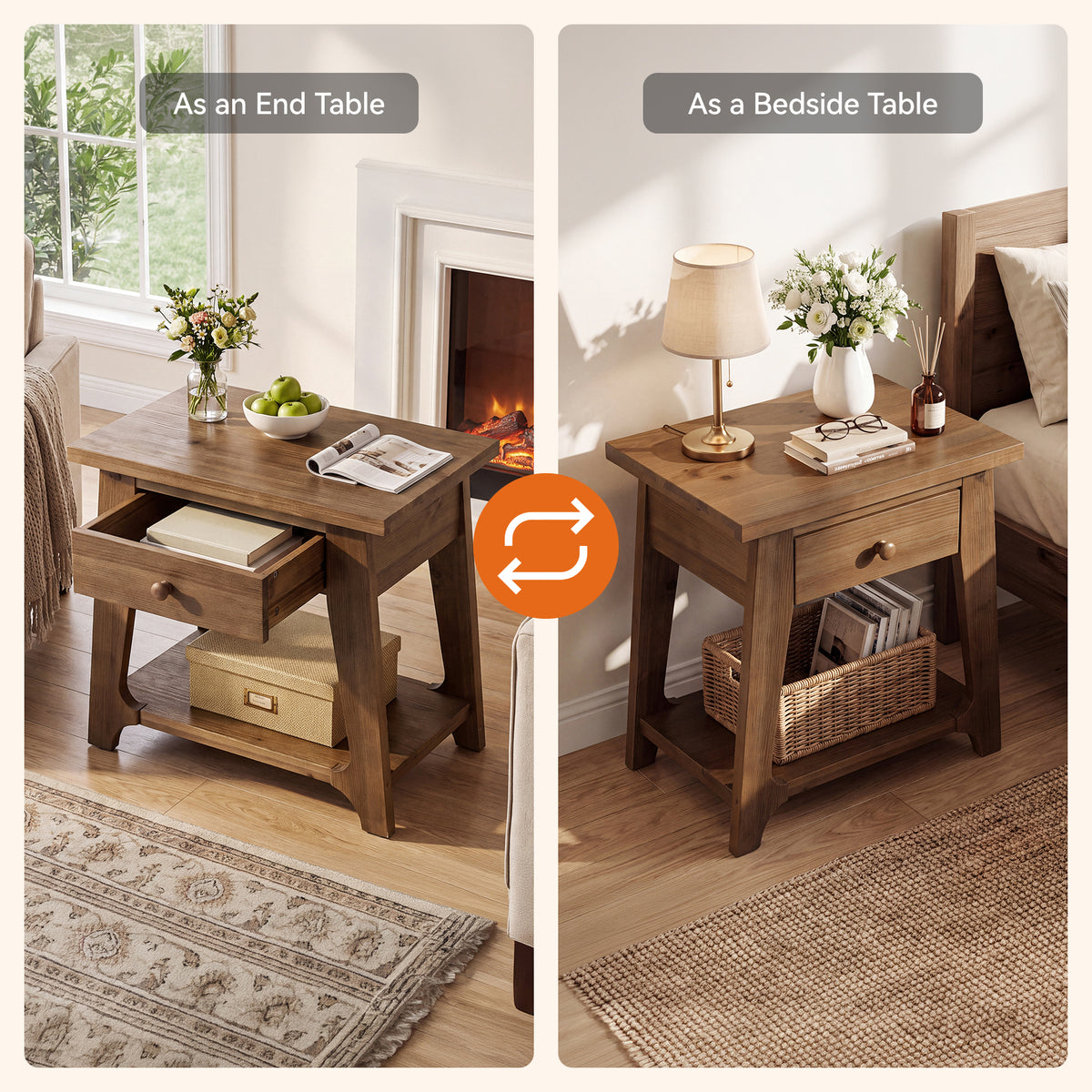 Solid Wood End Table, Narrow Side Table with Drawer & Open Shelf for Small Spaces