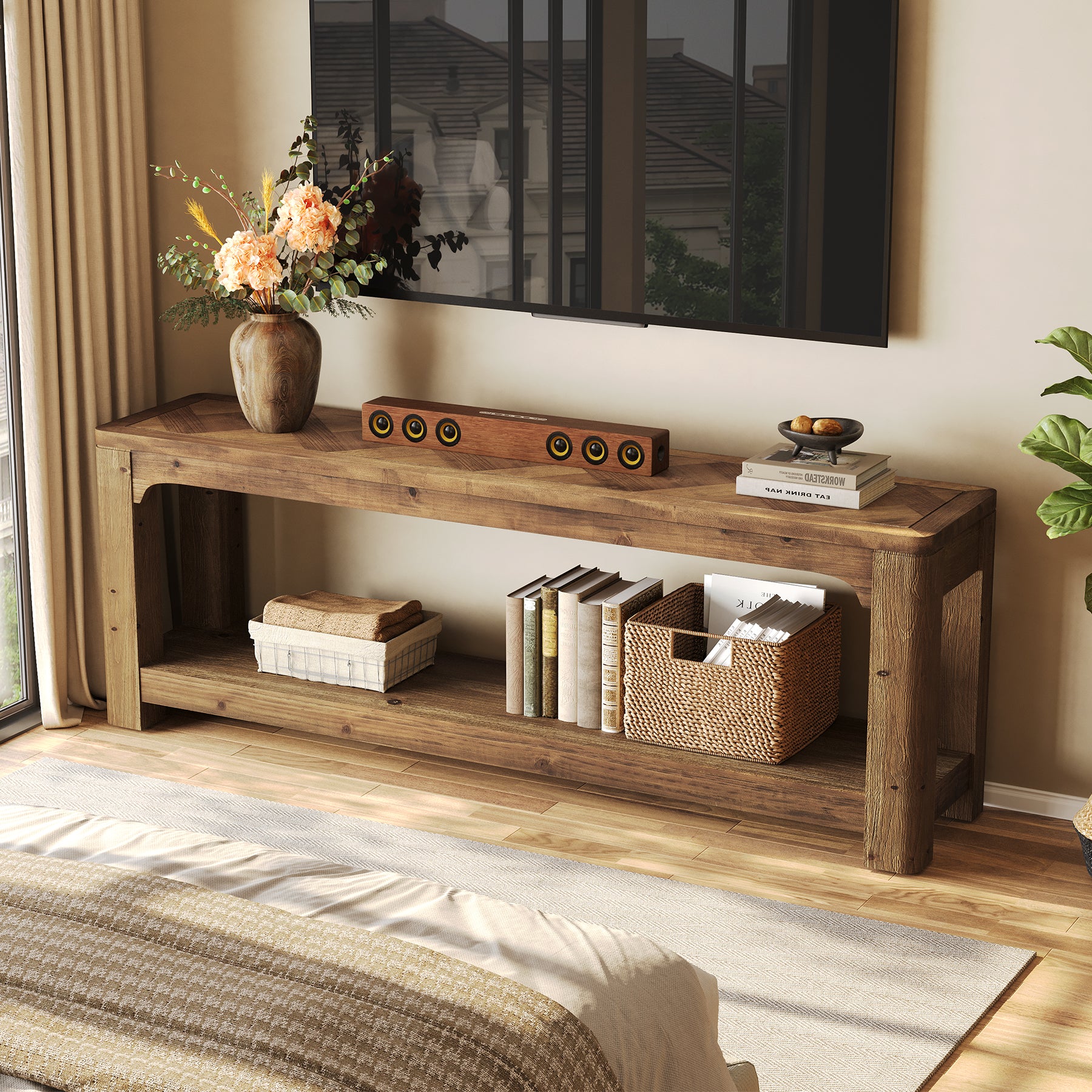 Solid Wood TV Stand for TVs Up to 65 Inches, Farmhouse Entertainment Center with Open Storage Shelves