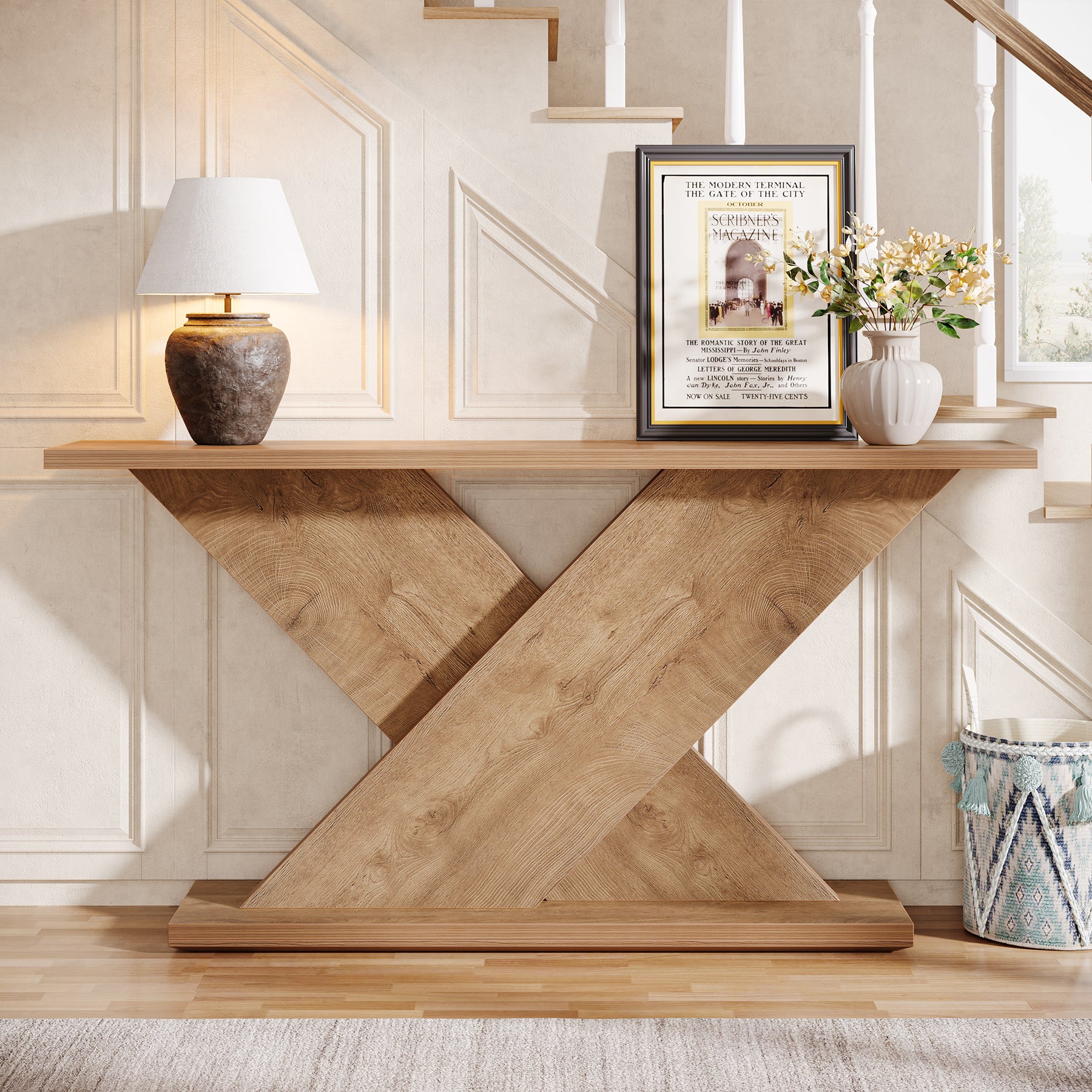 63" Console Table, Farmhouse Entryway Sofa Table with X-Shaped Base