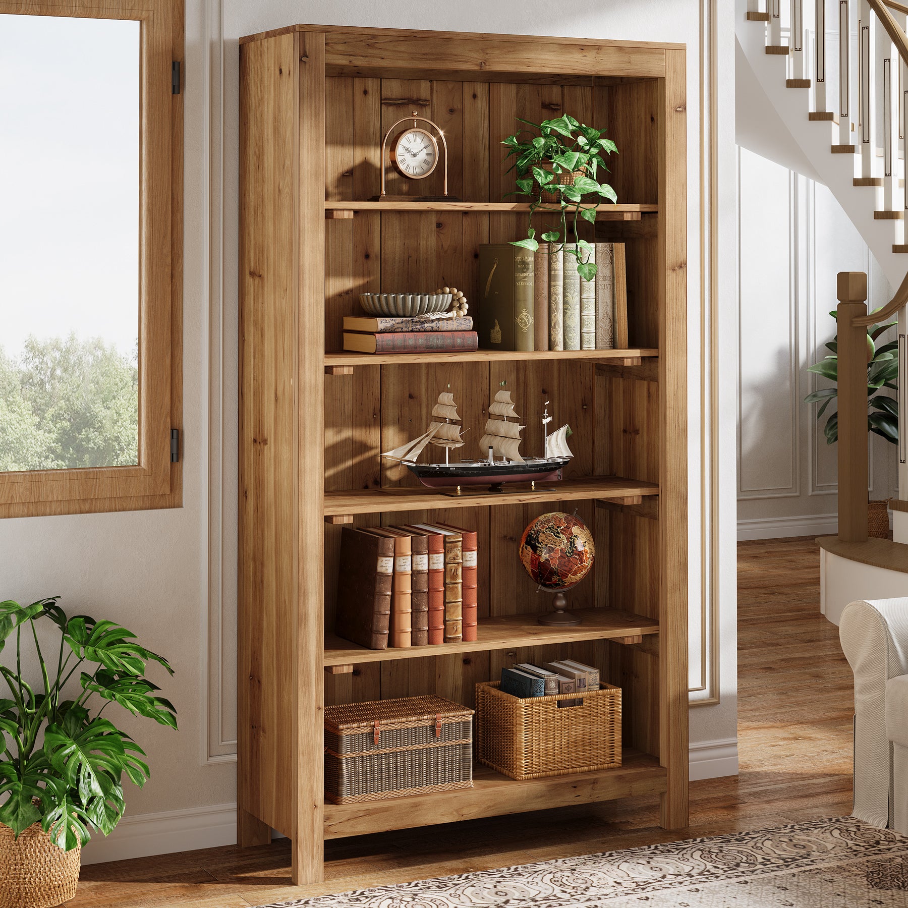 Solid Wood Bookcase, 5-Tier Bookshelf Display Storage Shelves