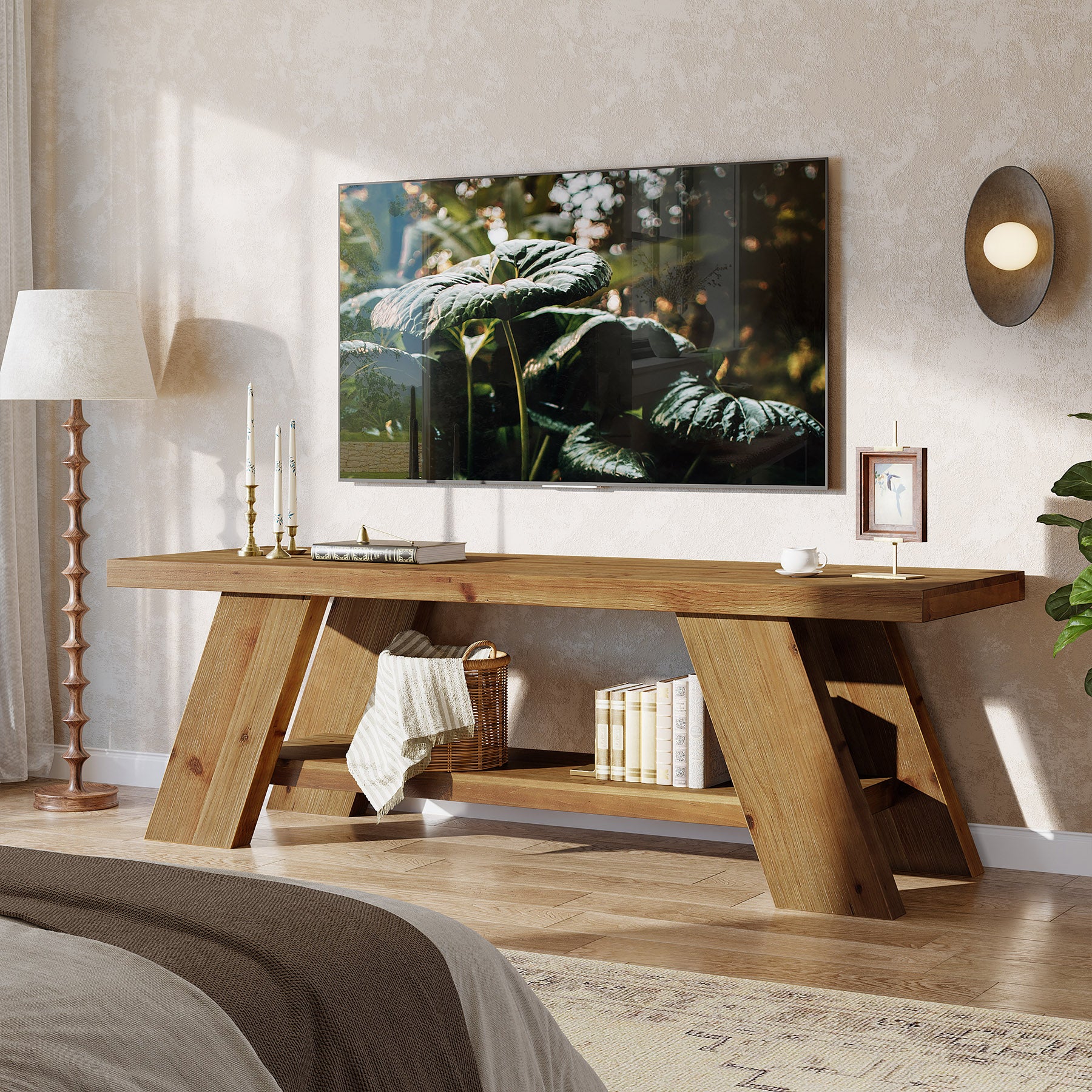 Solid Wood TV Stand with 2-Tier Shelf, 63" TV Media Console for TVs up to 75"