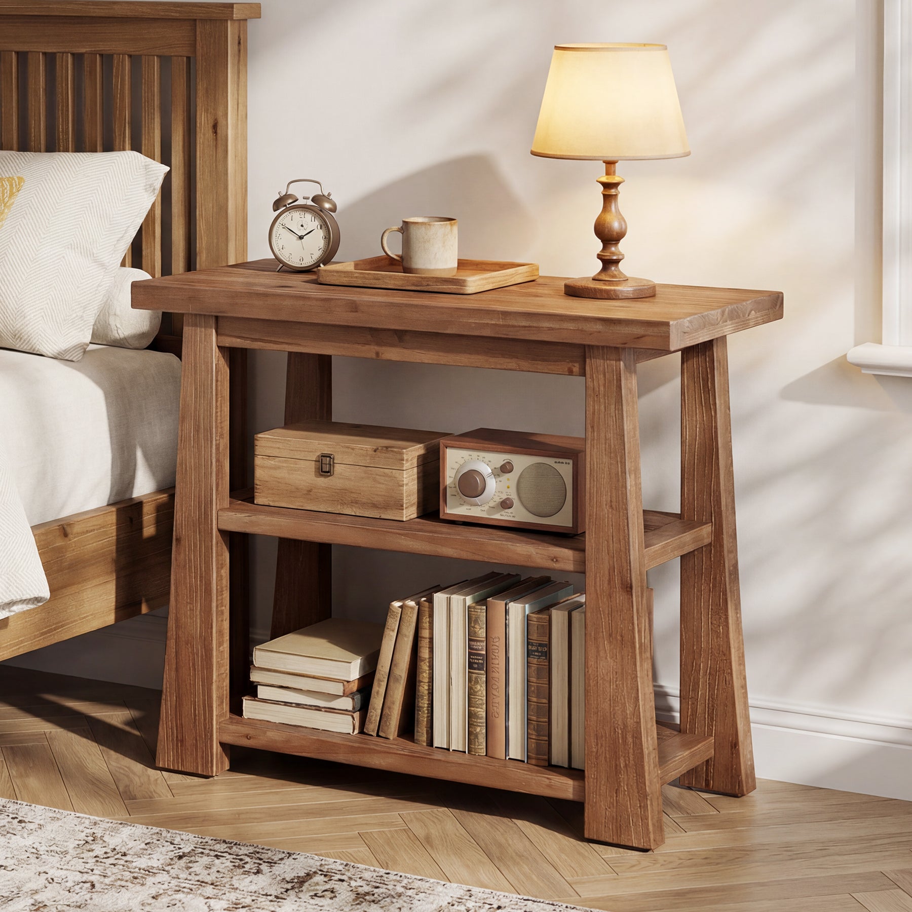 27.5" Wooden End Table, Narrow Nightstand with 3 Tier Storage Shelves for Living Room