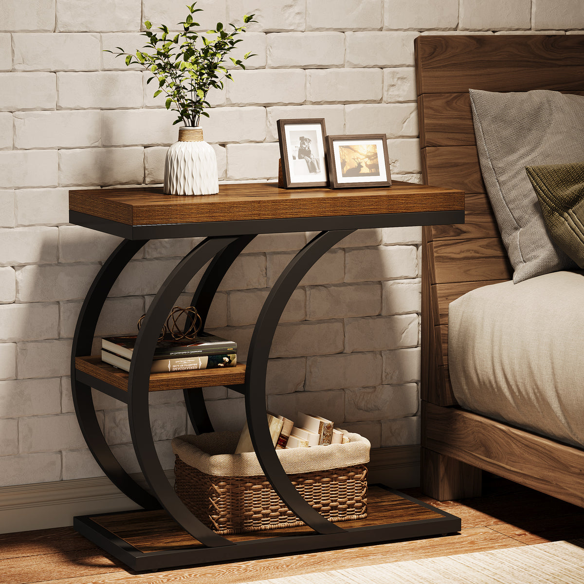 23.6" End Table, 3-Tier Couch C-Shaped Side Table with Storage