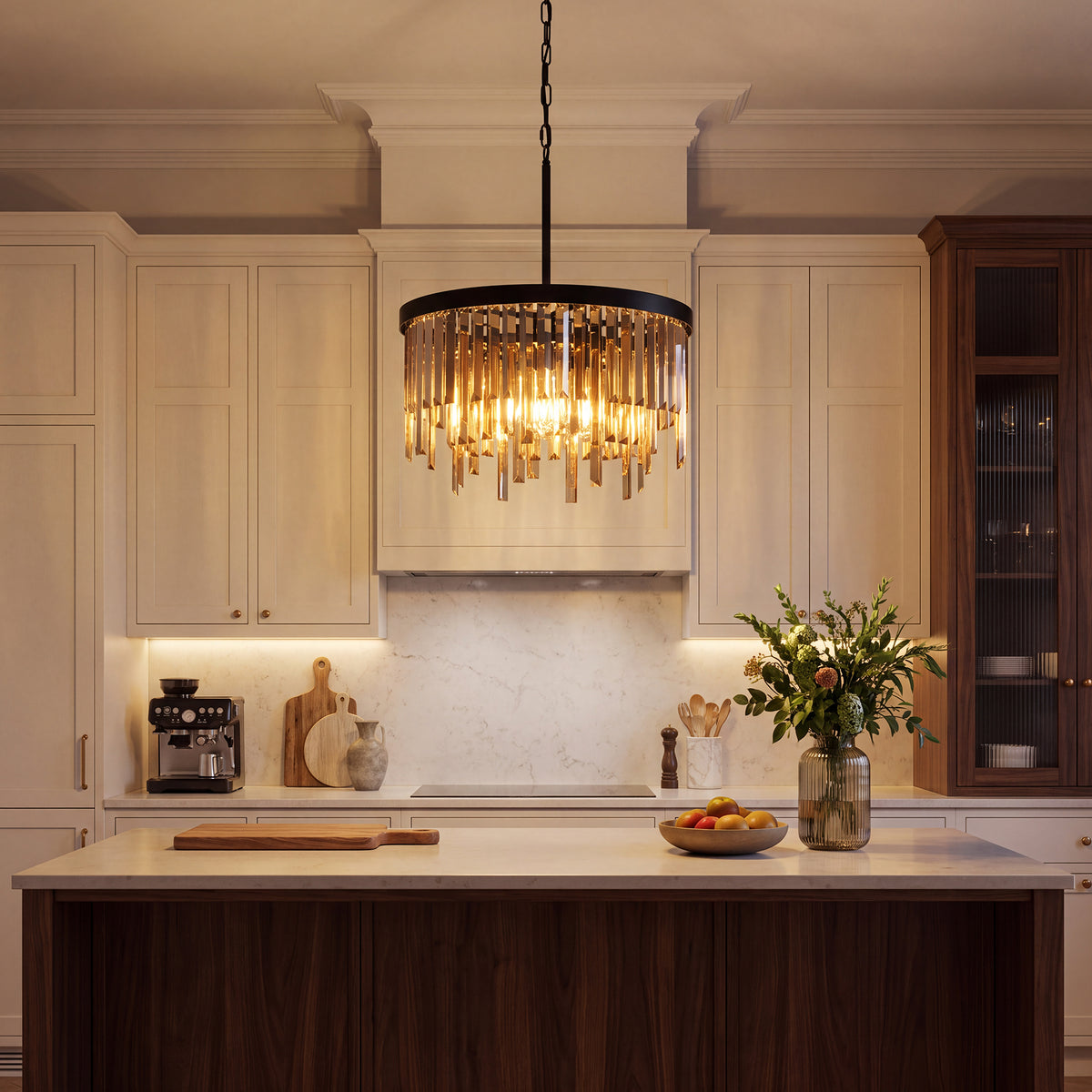 20" Modern Crystal Chandelier, 6-Light Black Pendant Light with Amber Crystal