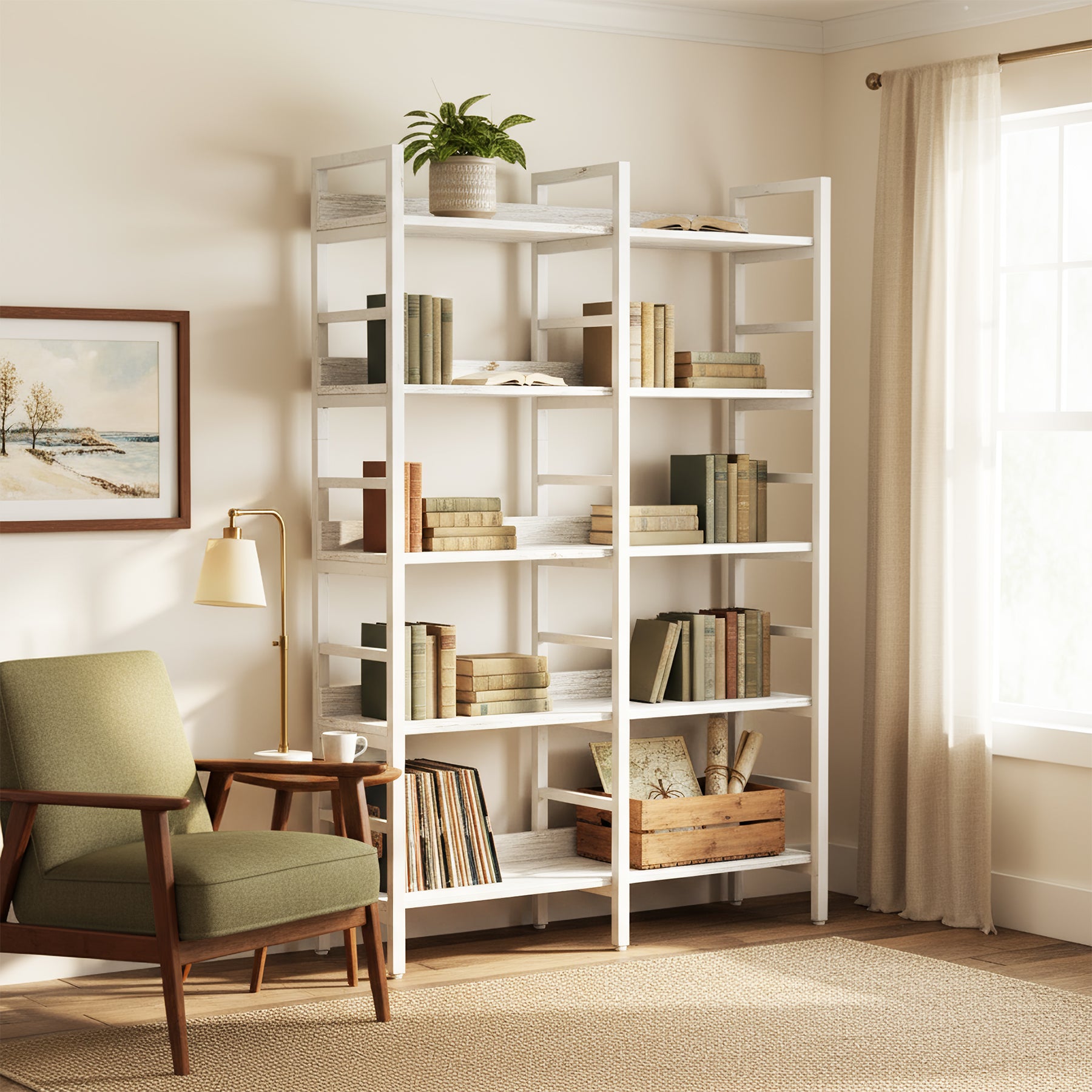 5-Tier Bookshelf, Double Wide Bookcase Storage Shelves Unit