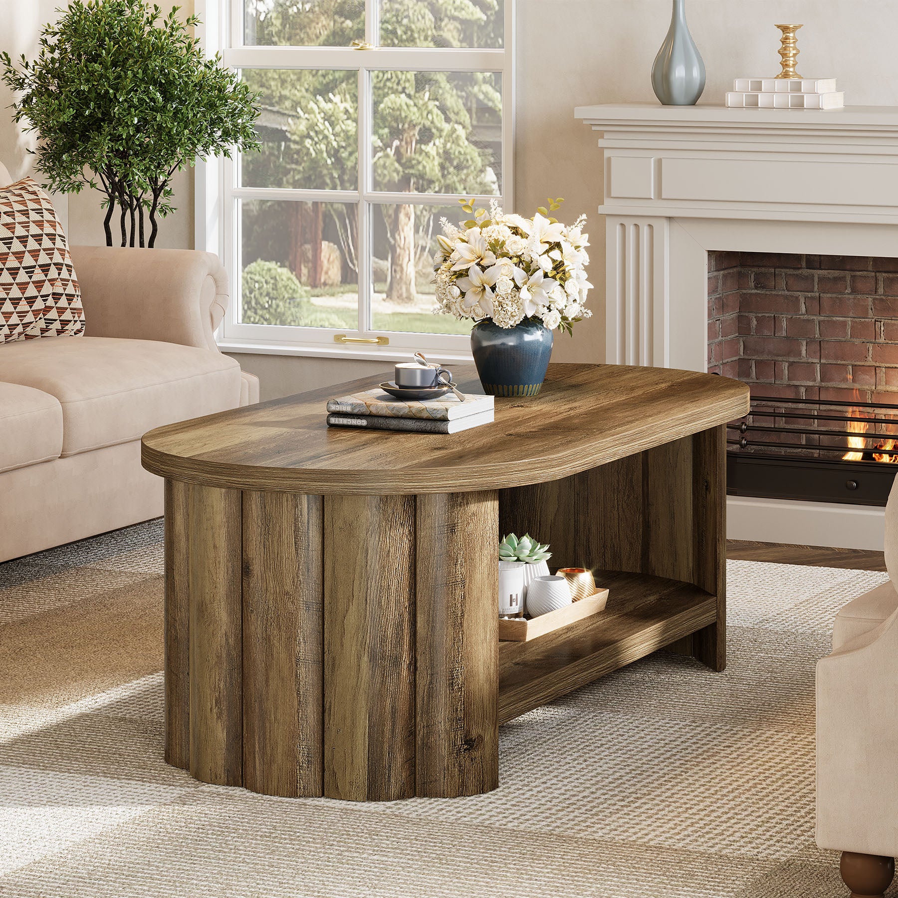 47.24" Oval Coffee Table, 2-Tier Accent Center Table with Storage Shelf for Living Room
