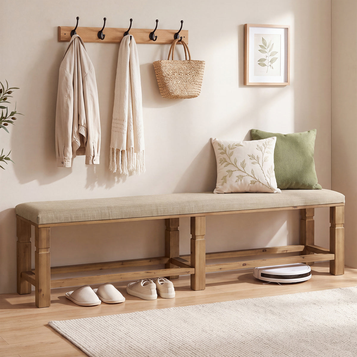 70.87" Upholstered Solid Wood Entryway Bench with Linen Fabric Padded Seat