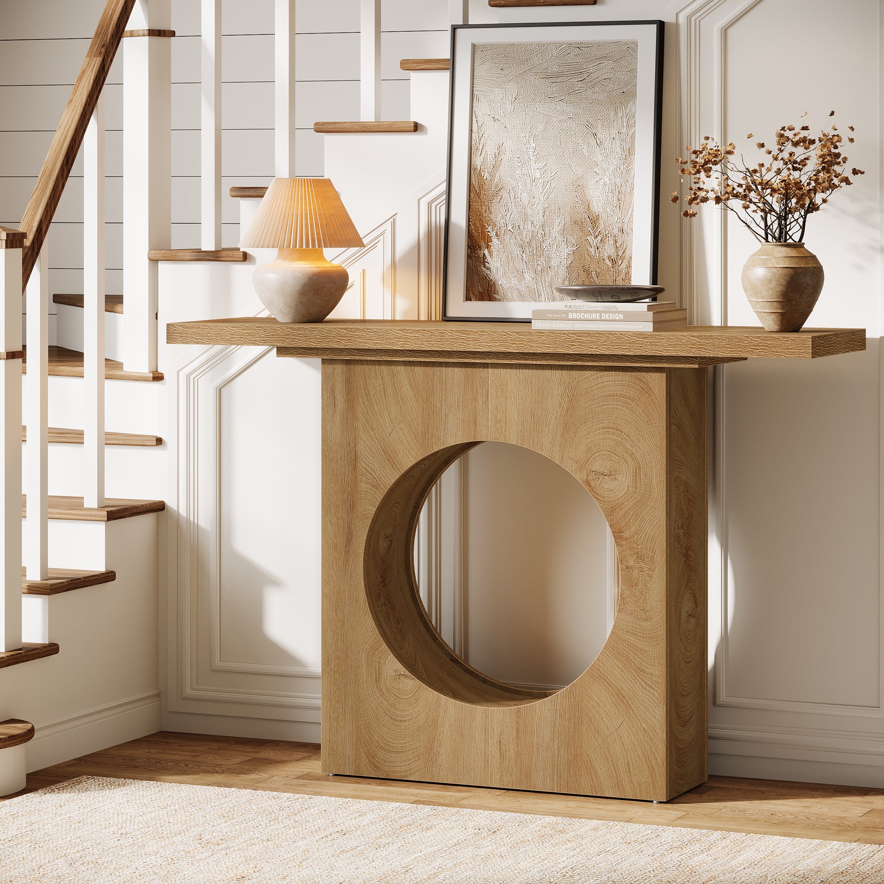 41.3" Narrow Farmhouse Console Table with Round Cutout Design, Slim Entryway Sofa Table