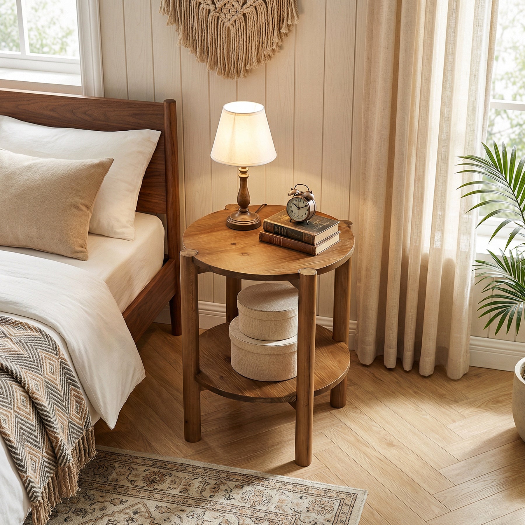 Solid Wood Round End Table, 2-Tier Small Side Table with Storage Shelf