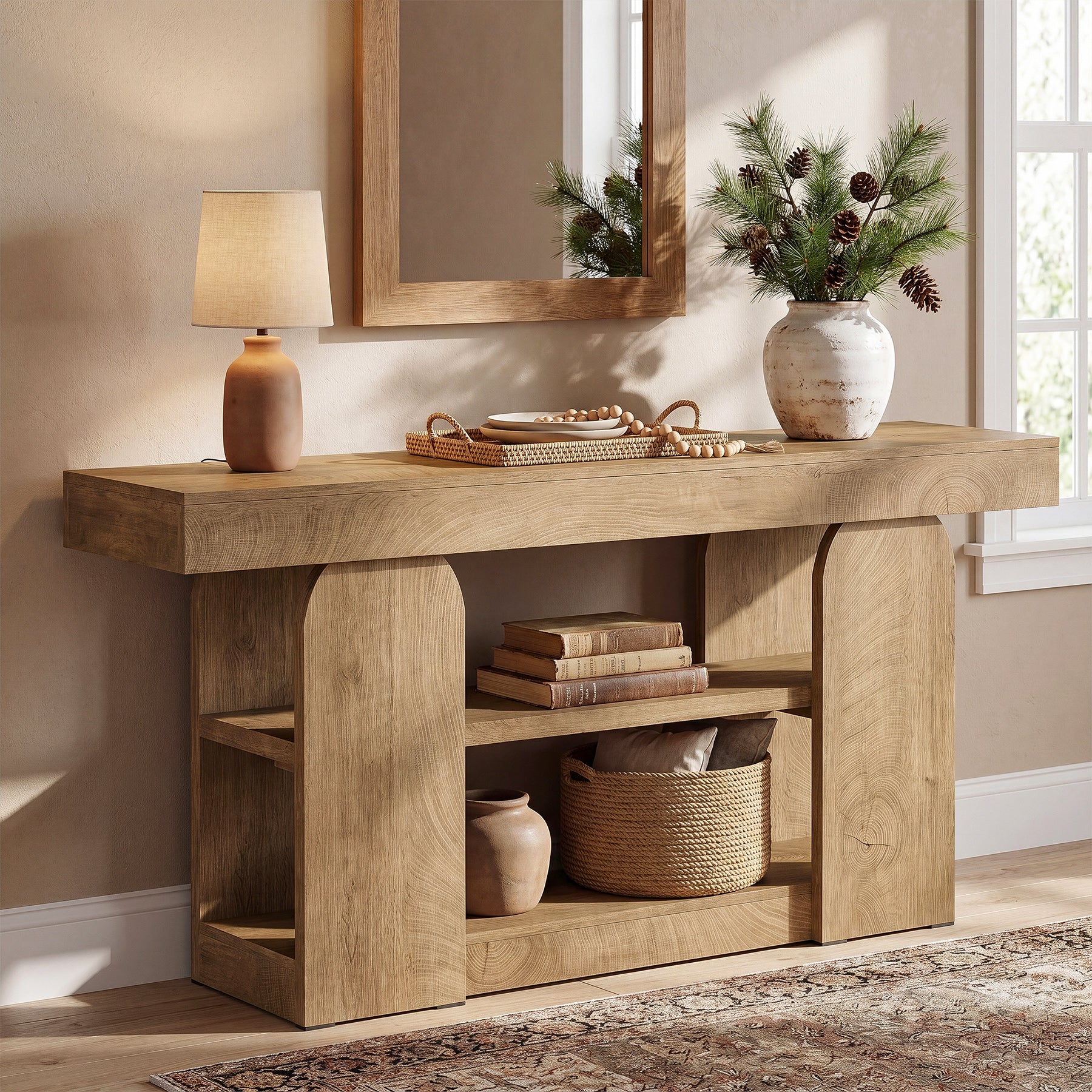 63" Farmhouse Console Table with Storage Shelves, 3-Tier Narrow Entryway Sofa Table for Hallway & Living Room