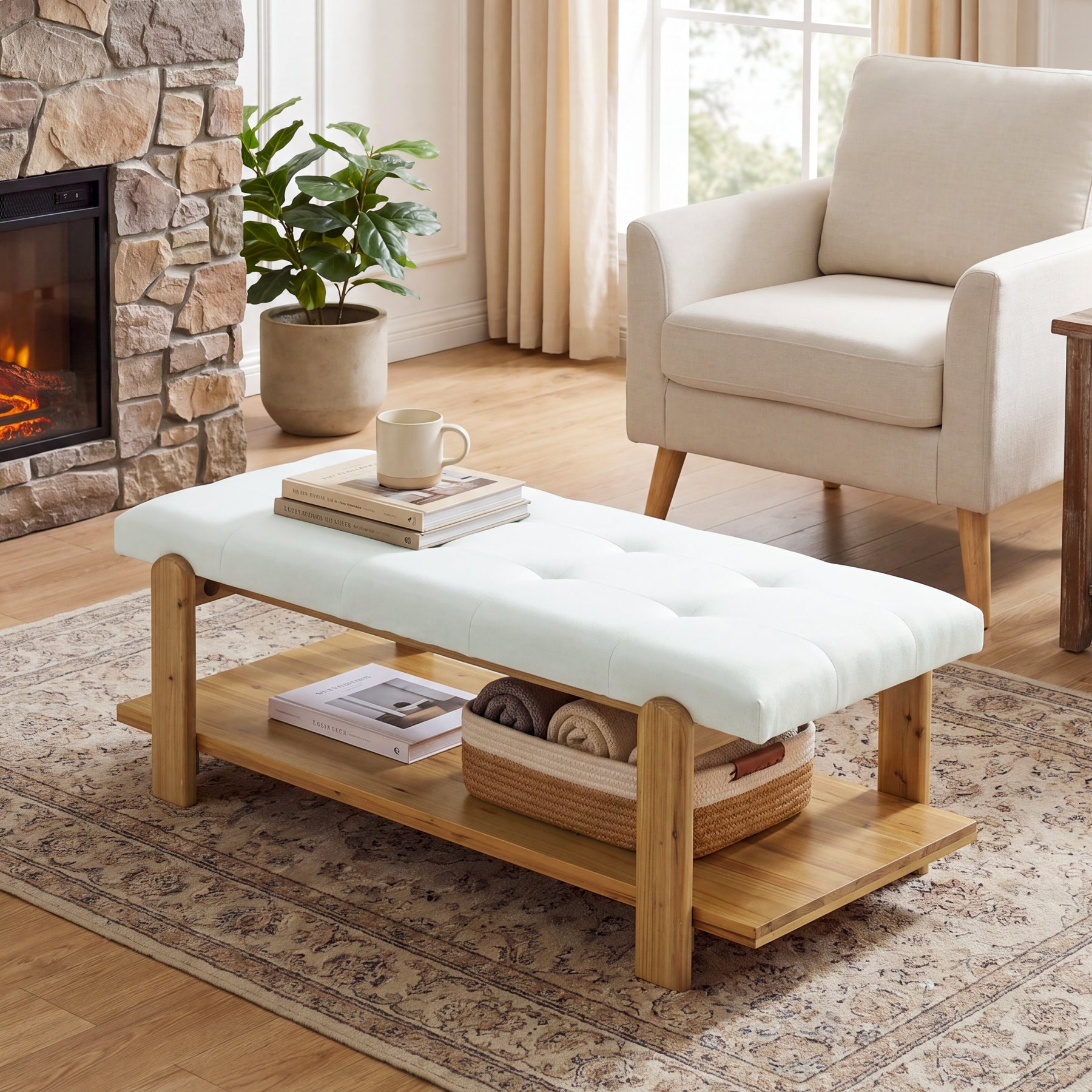 47.24" Ottoman Coffee Table, Rectangle Large Footrest Ottoman with Solid Frame and Storage Shelf