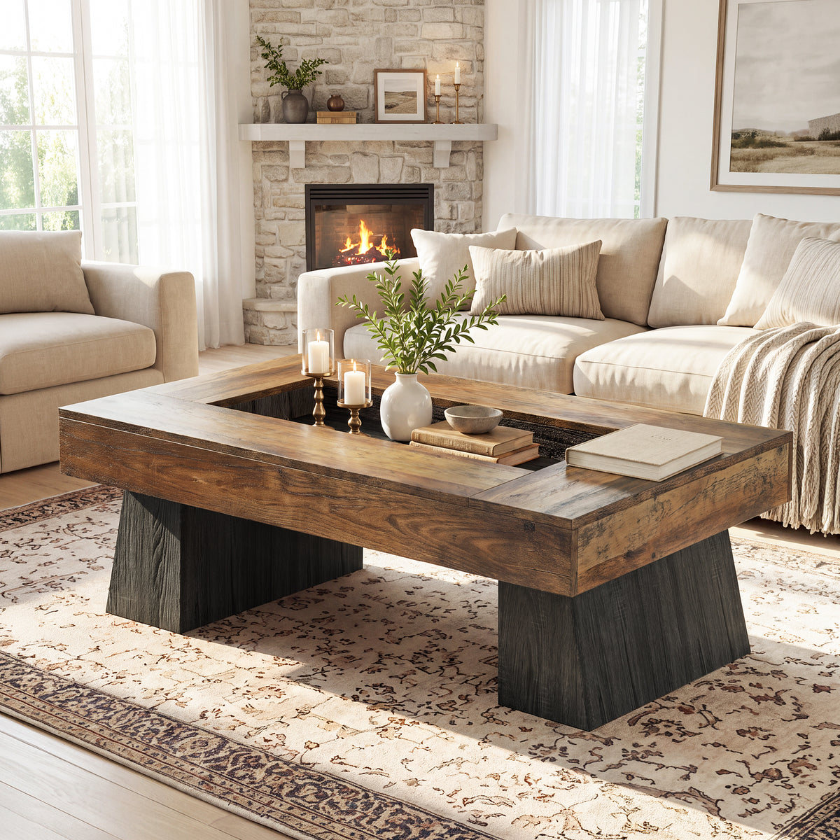 47.24 Inch Coffee Table with Recessed Storage Center, Rustic Modern Living Room Center Table